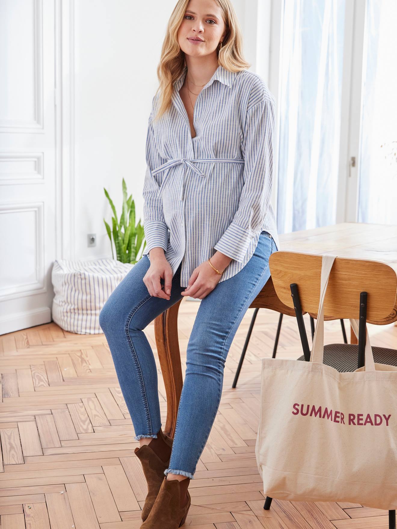 Chemise liquette grossesse et allaitement en coton effet lin rayé bleu