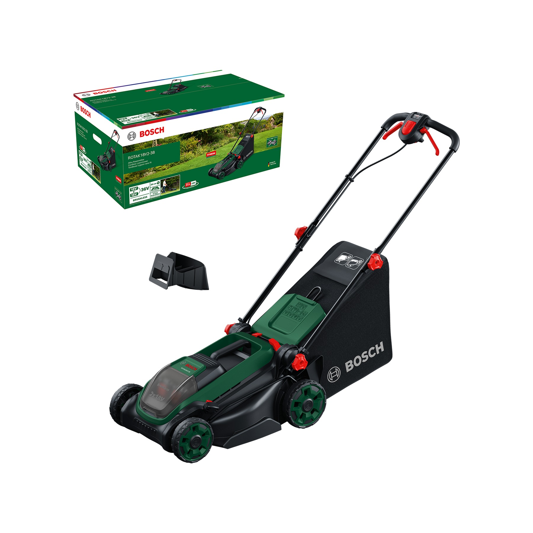 Bosch Green 06008B9M01 Rotak 18V2-38 Akku-Rasenmäher (ohne Akku und Ladegerät), 1x Mulchstecker im Karton