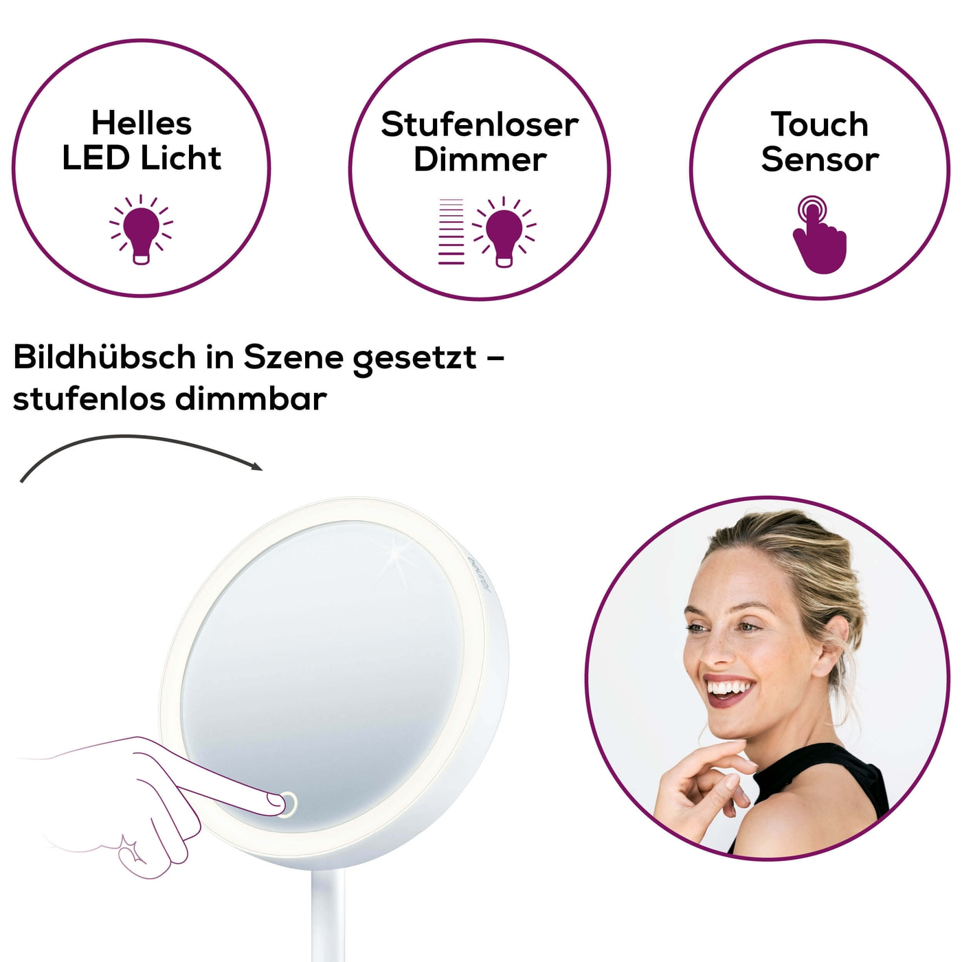 Beurer BS 45 Beleuchteter Kosmetikspiegel-Beleuchteter Standspiegel mit magnetischem Extra-Spiegel & 5-fach Zoom