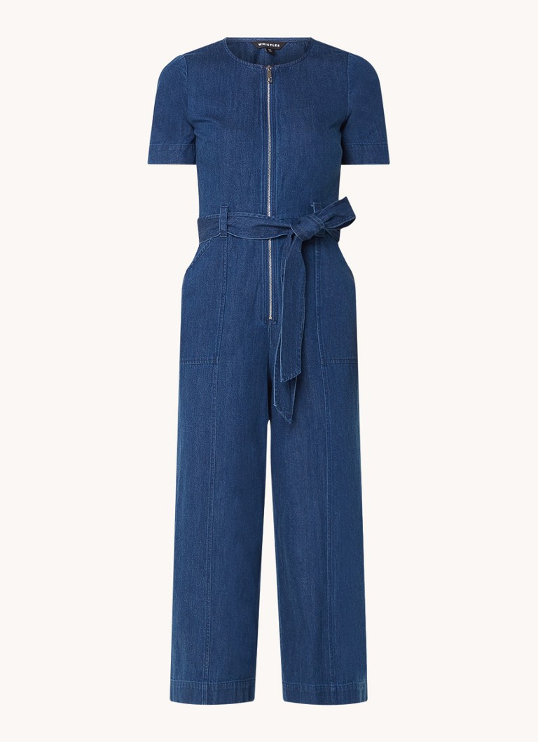 Whistles  Straight fit cropped jumpsuit van denim met strikceintuur