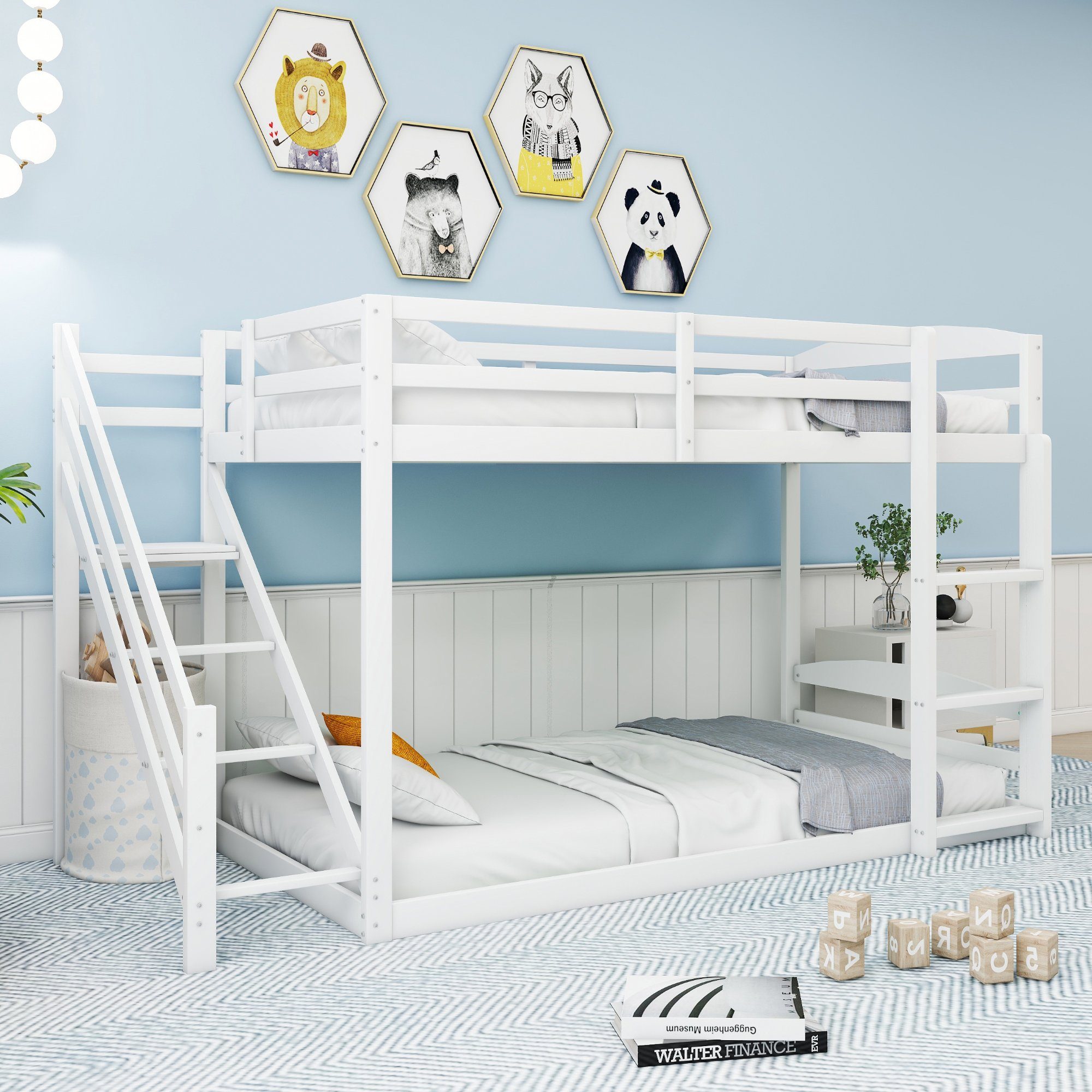 REDOM Etagenbett Holzbett Tagesbett Kinderbett Gästebett 90*200cm (mit zwei Sicherheitstreppen links und rechts, Massivholz-Etagenbett mit Lattenrost), ohne Matratze