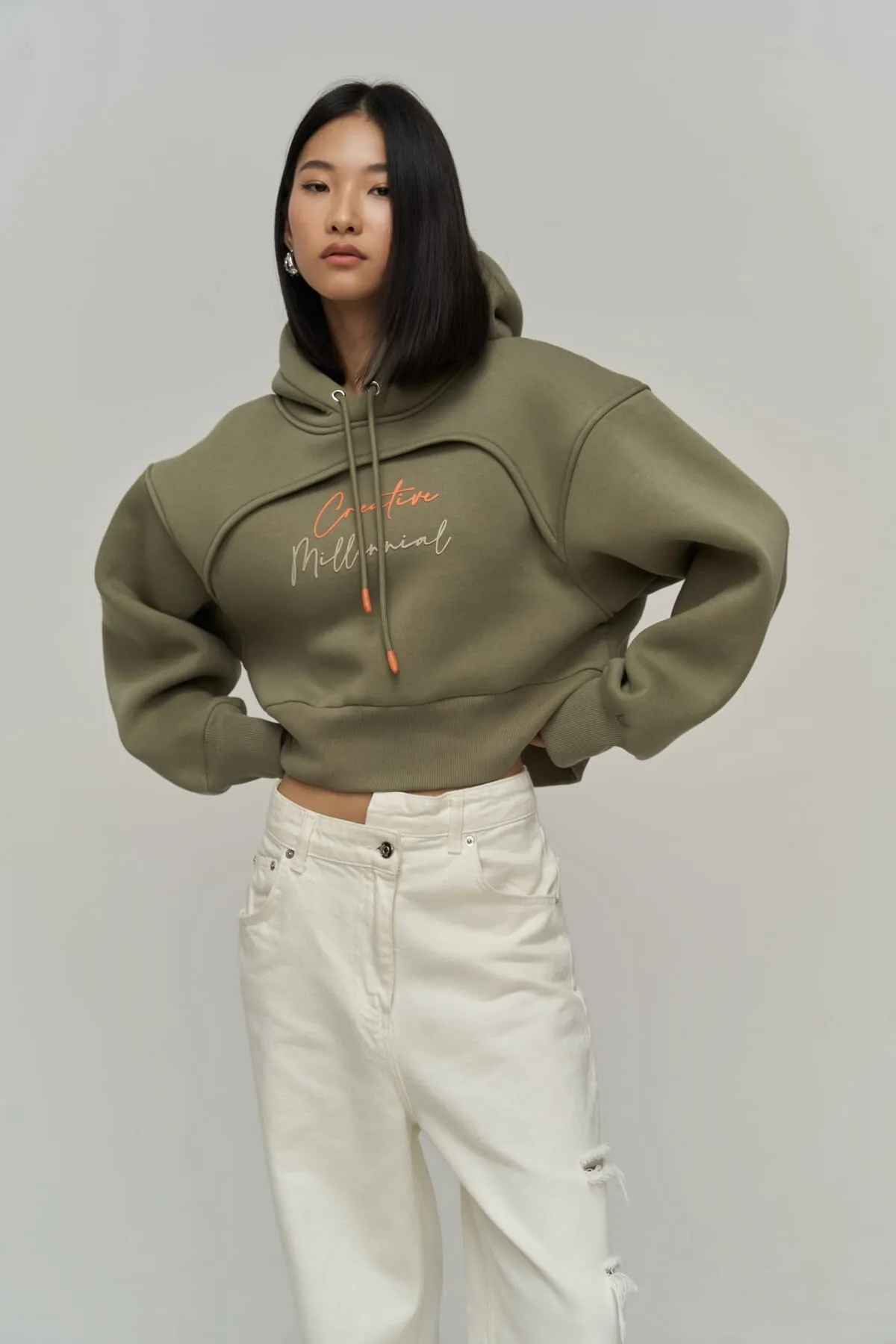 MAİ COLLECTİON  Kreatives, weiches Khaki-Crop-Sweatshirt