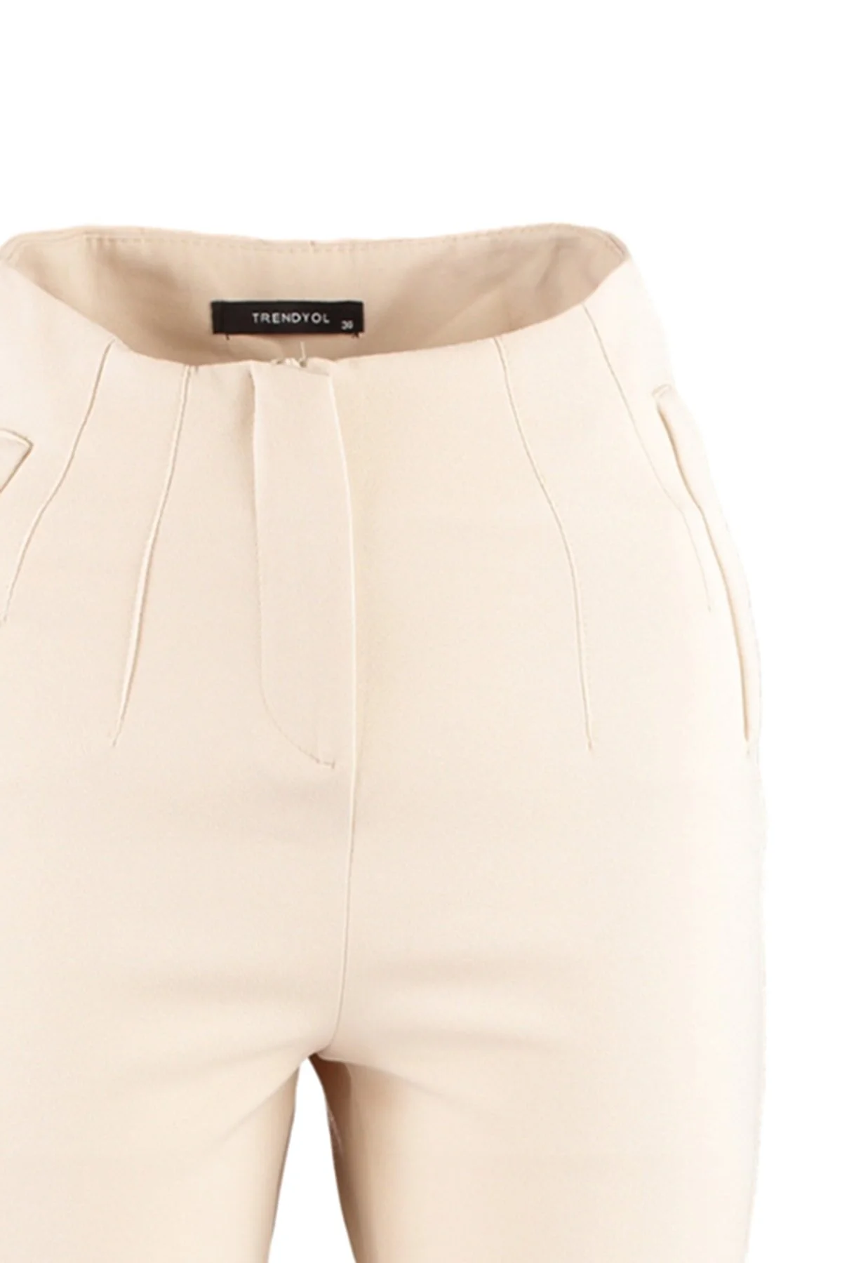 Trendyol Collection  Beigefarbene, zigarettengemusterte, knöchellange Webhose mit hoher Taille und Abnähern TWOSS20PL0515