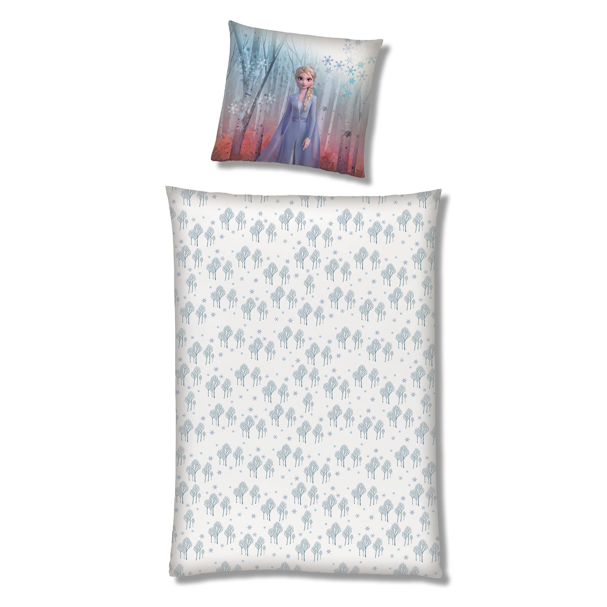Kinderbettwäsche Frozen Eiskönigin 135x200 80x80 cm, extra flauschig mit Reißverschluss, Familando, Fleece, 2 teilig, mit Anna, Elsa und Olaf im Zauberwald