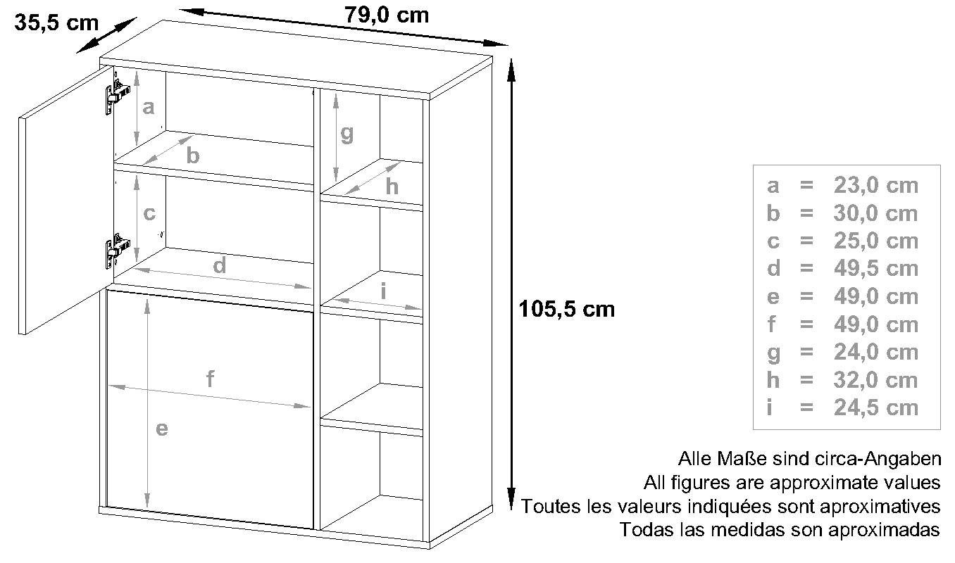 Vladon Highboard Cuba (Anrichte, mit 2 Türen und 4 offene Fächer), Weiß matt/Weiß Hochglanz (79 x 105,5 x 35,5 cm)
