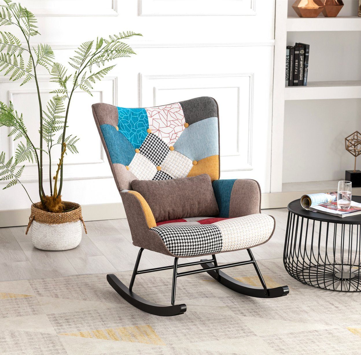HomeMiYN Schaukelstuhl Schaukelstuhl Patchwork Sessel Schwingsessel Relaxstuhl Wohnzimmer, Aus holz
