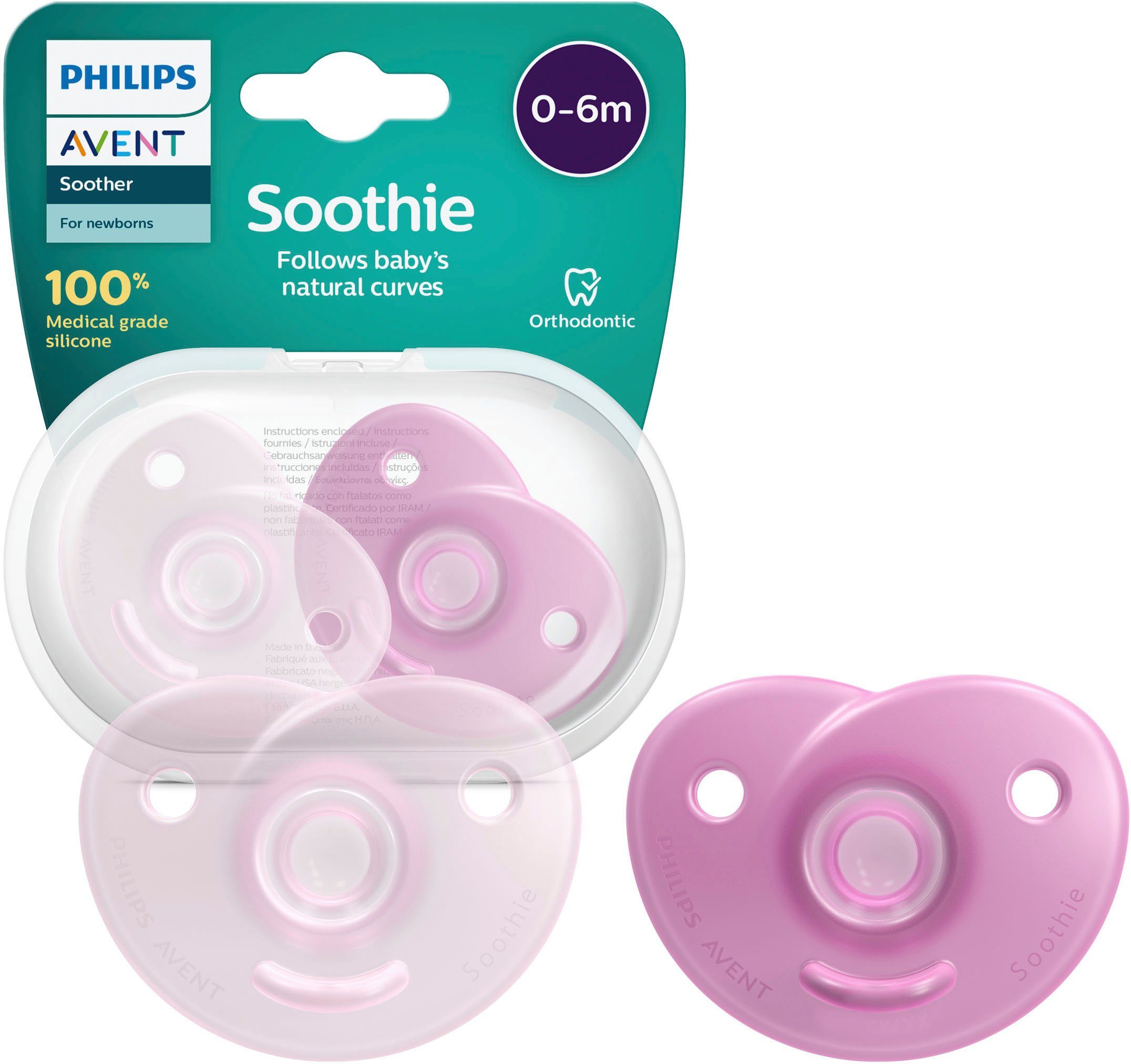 Philips AVENT Schnuller Soothie 0-6m SCF099, kiefergerecht geformter Sauger aus Silikon, inkl. Sterilisationsbox