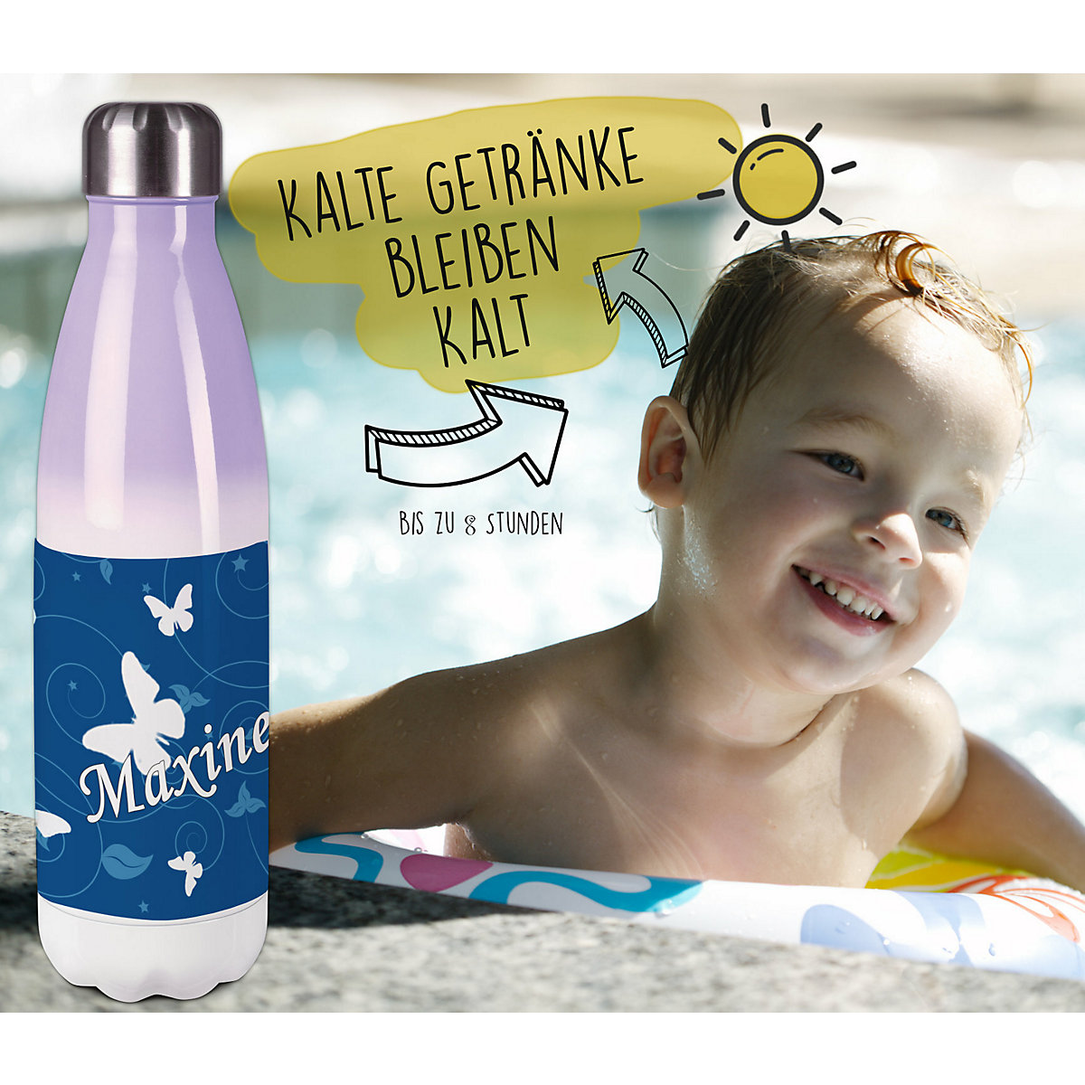 Edelstahl Kinder Thermoflasche / Trinkflasche bunt Schmetterling Ornamente Farbe blau Spülmaschinenfest, Auslaufsicher, Bruchfest, Doppelwandig, Für Heißgetränke geeignet, Mit Deckel, Isoliert