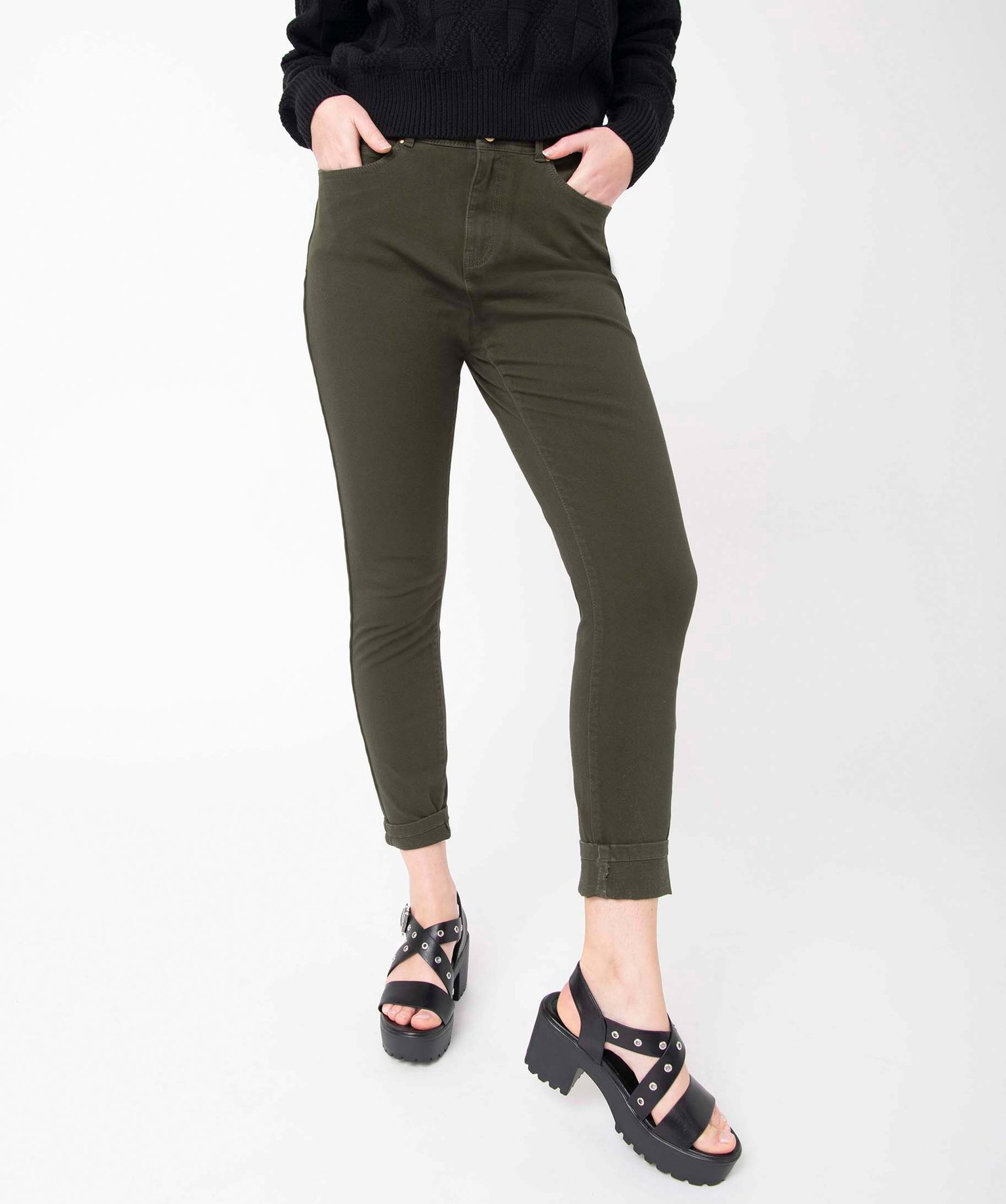 Pantalon femme coupe Skinny taille haute effet push-up kaki | GEMO