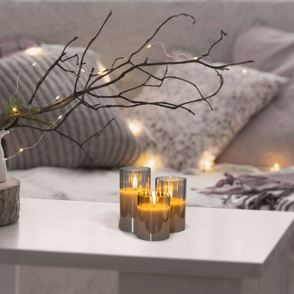 LED-Glaskerze, rund gerippt, grau, 3er Set