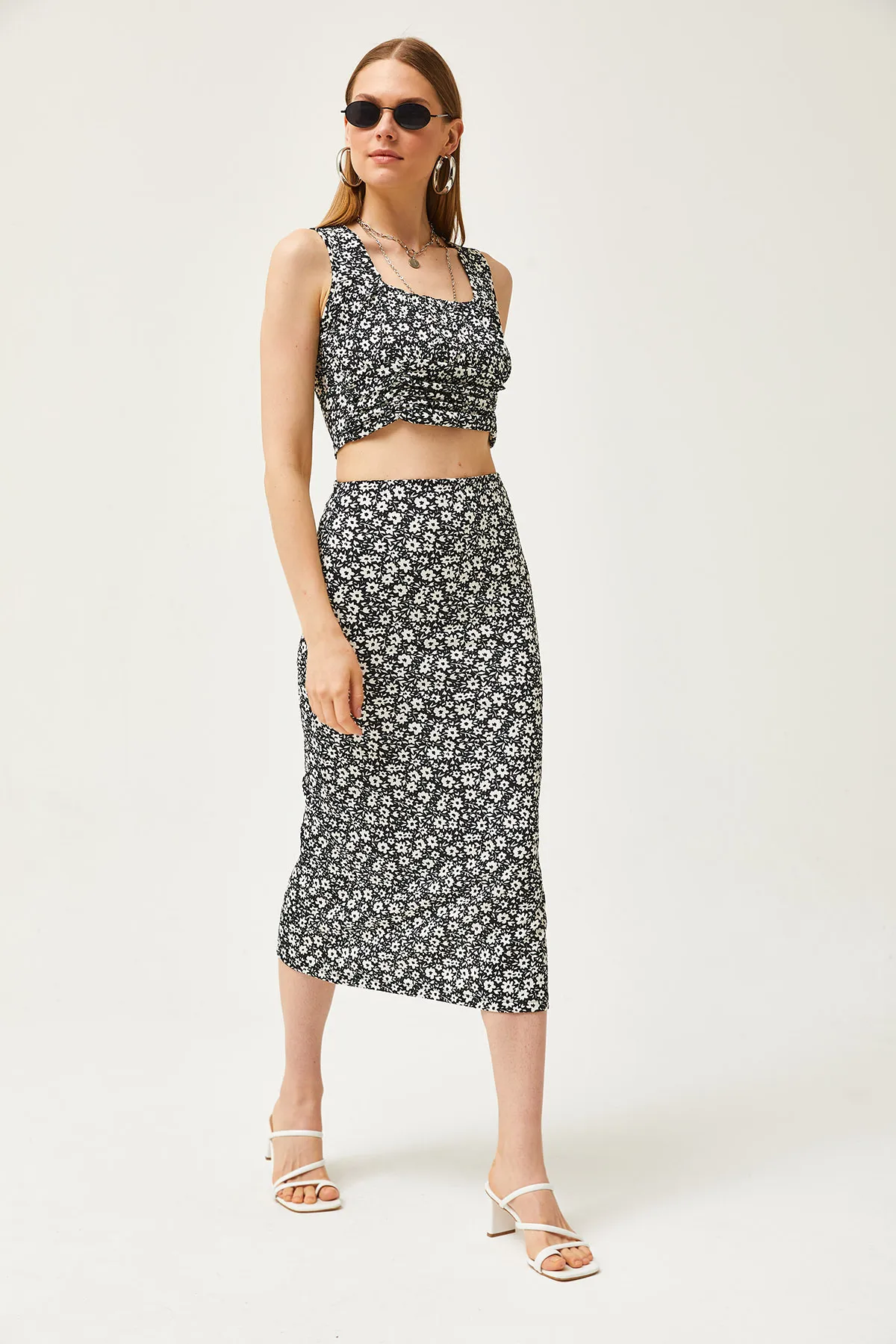 Olalook  Damen Daisy Schwarzes Oberteil Bluse Unterrock Strickunterteil Top Set TKM-19000281