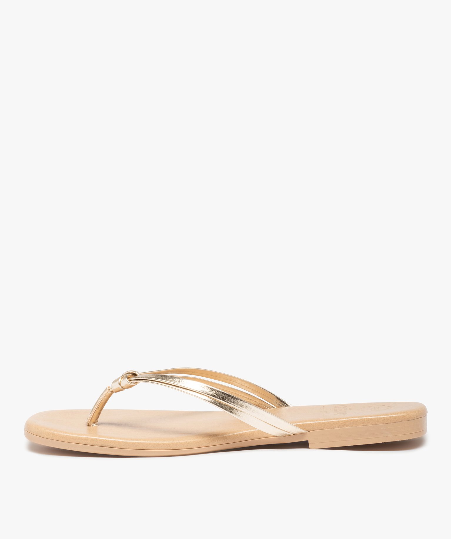 Tongs femme à talon plat unies et fines brides nouées or | GEMO