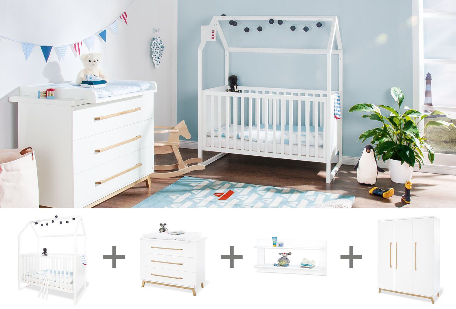 Pinolino® Babyzimmer-Komplettset Hilda & Riva, (Set, 4-St., Hausbett, Wickelkommode, Kleiderschrank, Wandregal), breit; Hausbett, Wickelkommode breit, 3-trg. Kleiderschrank & Wandrgal