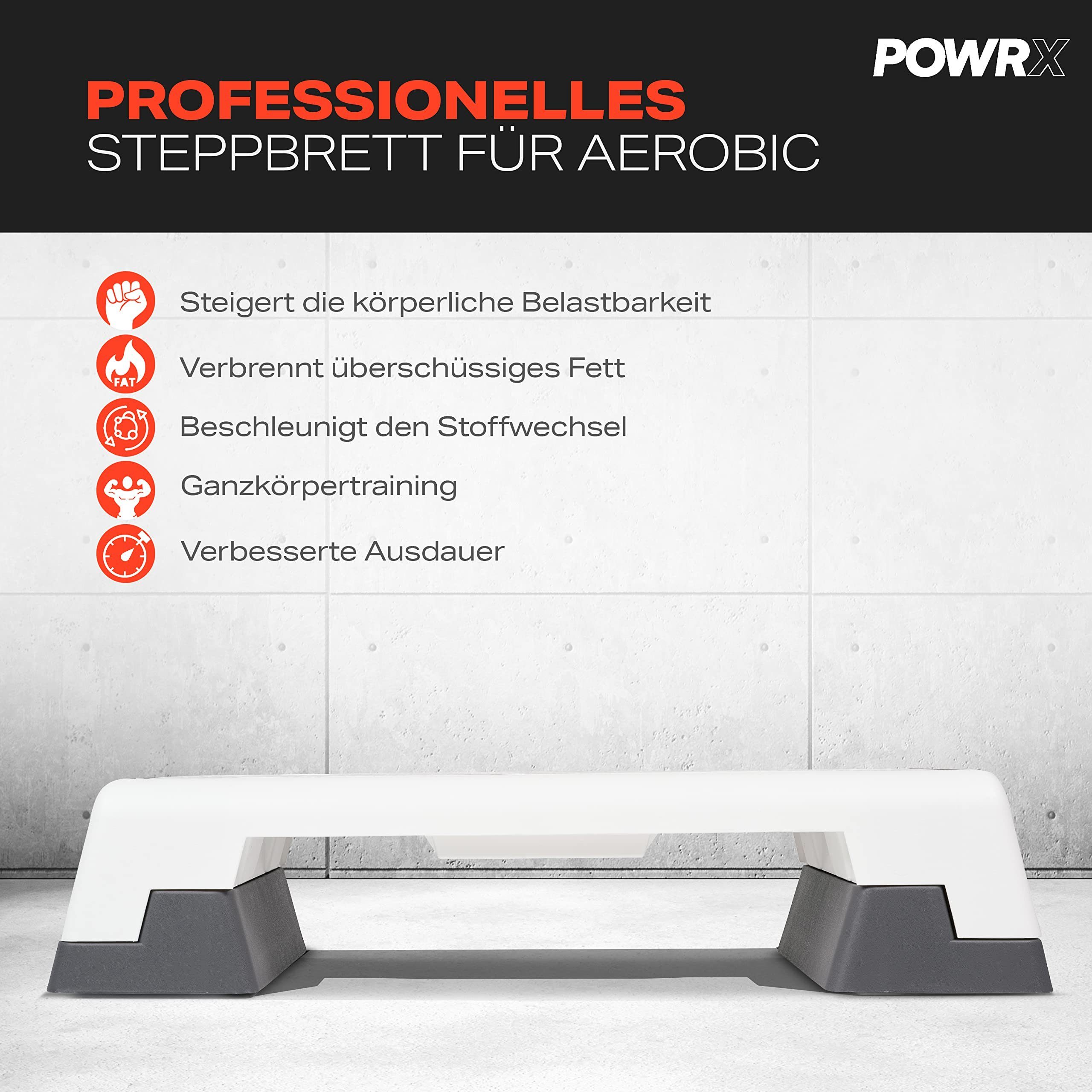 POWRX Stepper Aerobic Steppbrett höhenverstellbar bis 25 cm, Wei