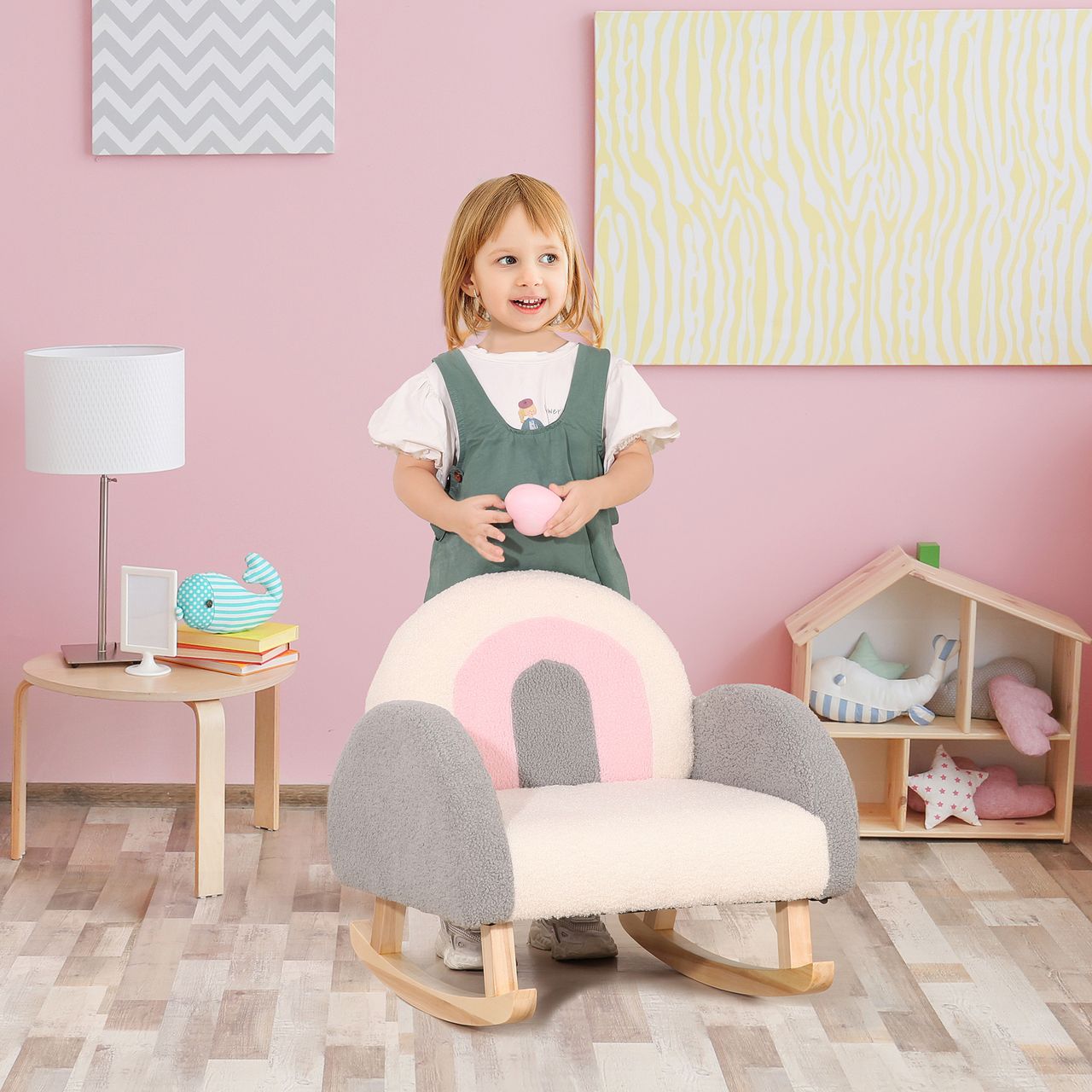 HOMCOM Kindersofa Schaukelstuhl für Kleinkinder Kindercouch Eukalyptusholz Grau