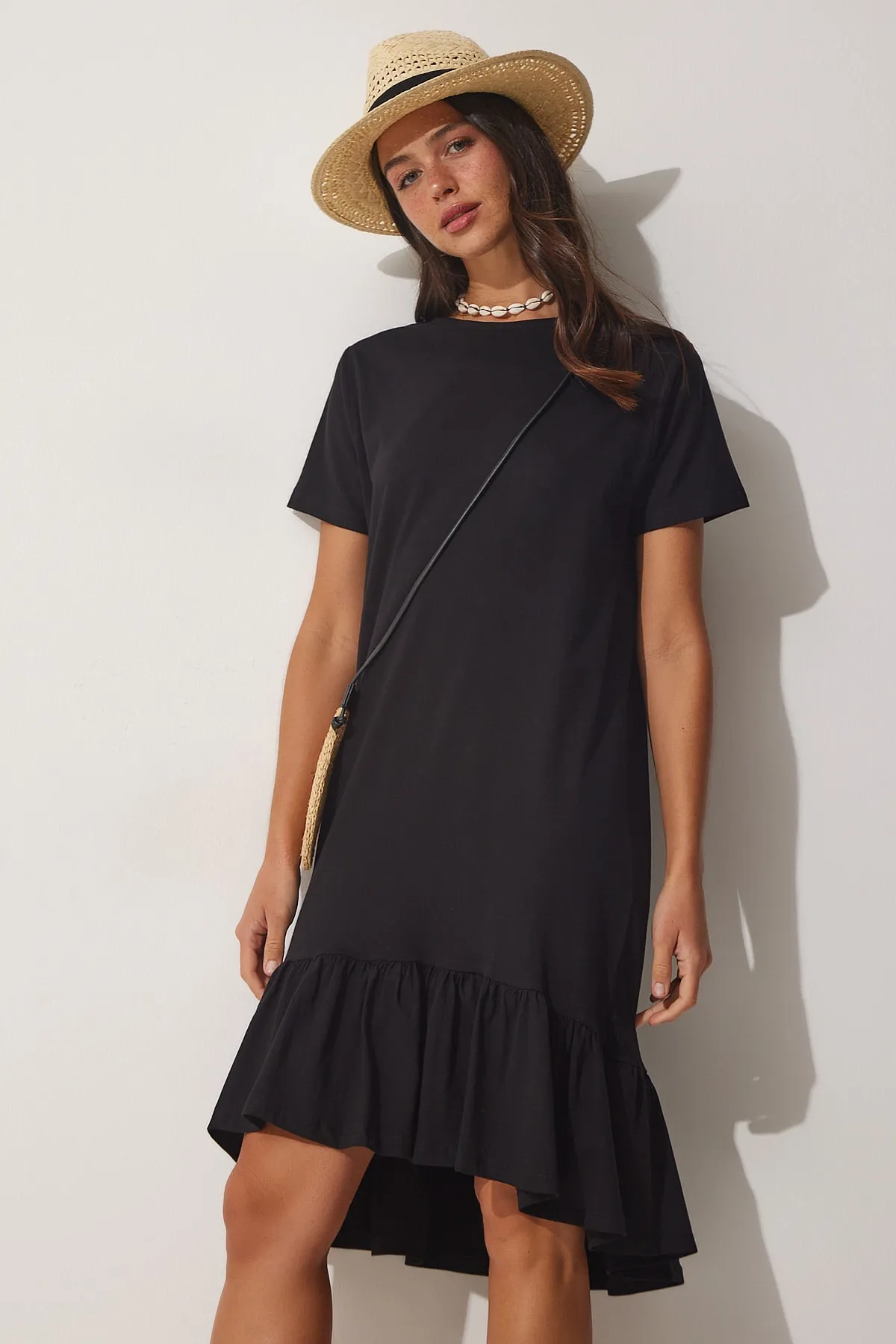 Happiness İstanbul  Schwarzes Volant-Sommer-Viskose-Strickkleid für Damen AP00186