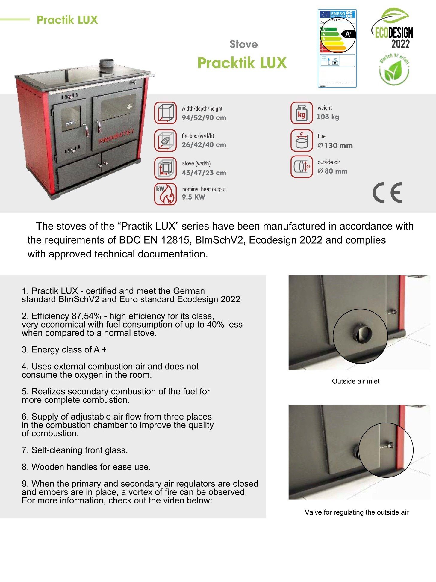 Prometey Kaminofen EEK A+ Kaminofen mit Backfach und Herdplatte Practik Lux Rot Holzofen, 9,50 kW, Zeitbrand, Küchenofen mit Backofen, Küchenherd mit Backfach