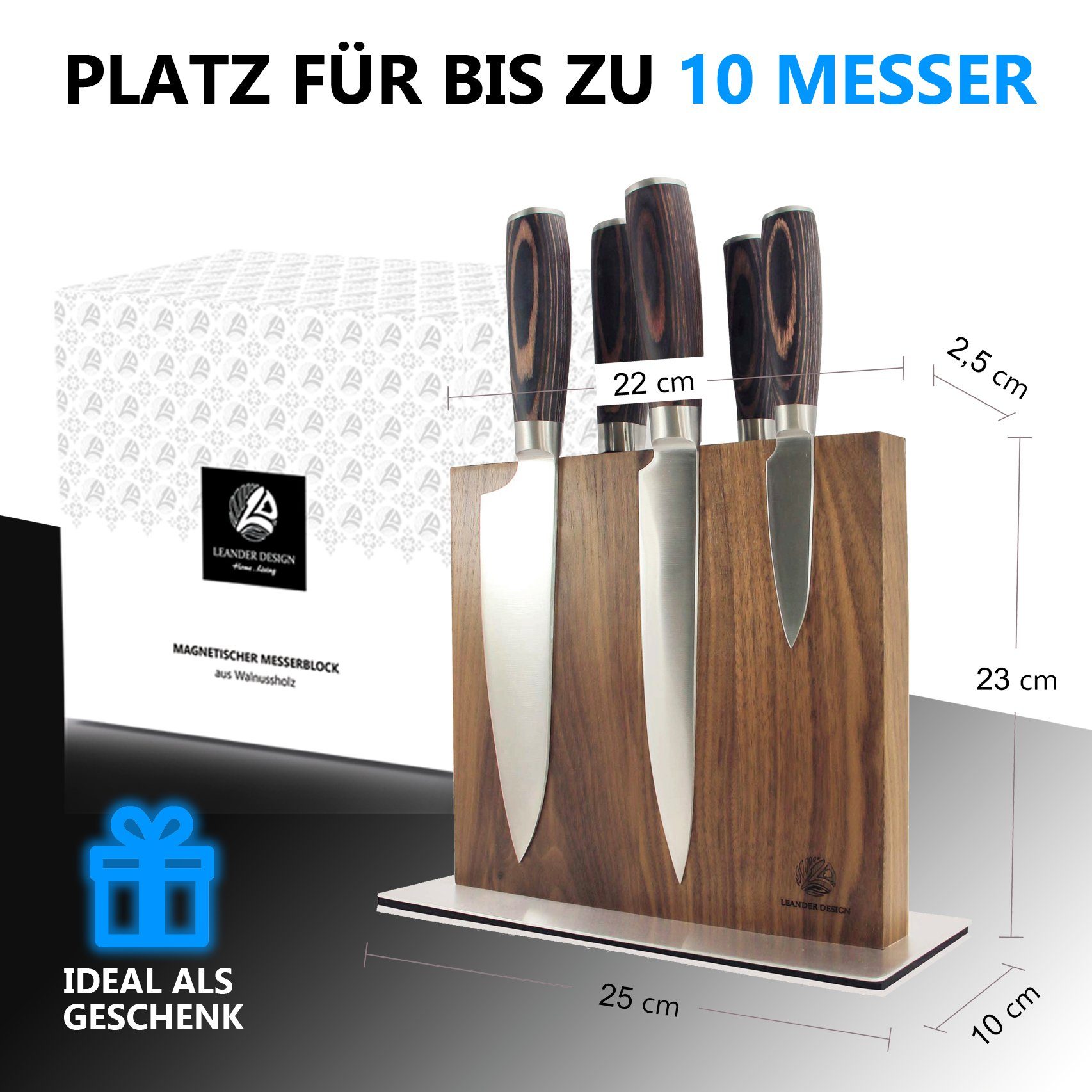 LEANDER DESIGN Magnet-Messerblock Messerblock Magnetisch ohne Messer – Messerhalter aus Walnussholz (1tlg)