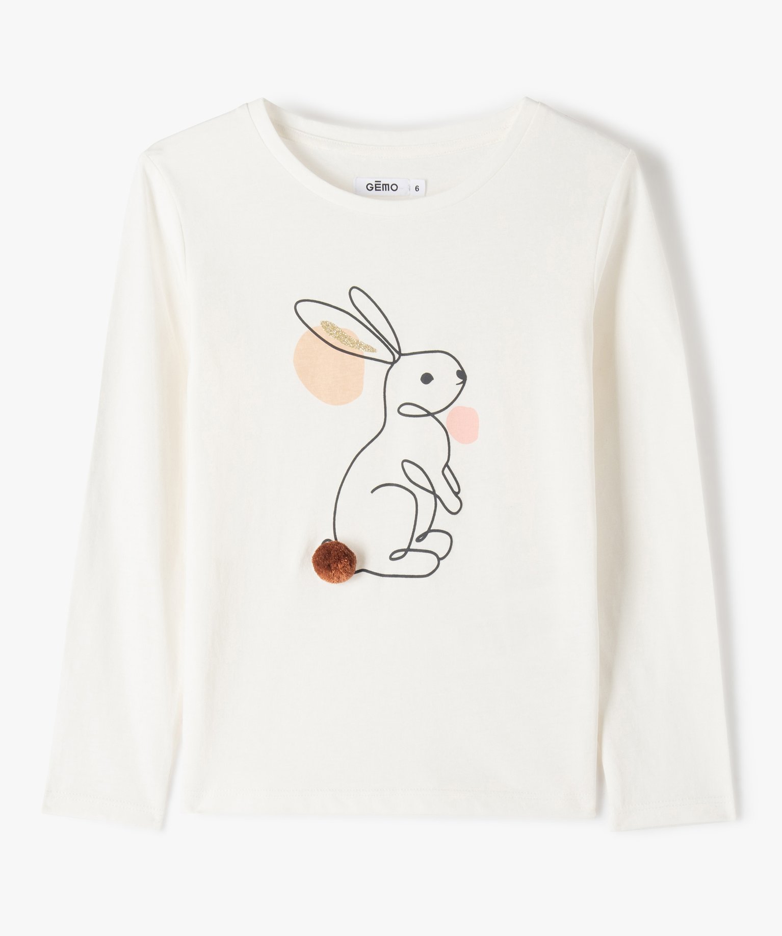 Tee-shirt fille à manches longues avec motif en relief ecru | GEMO