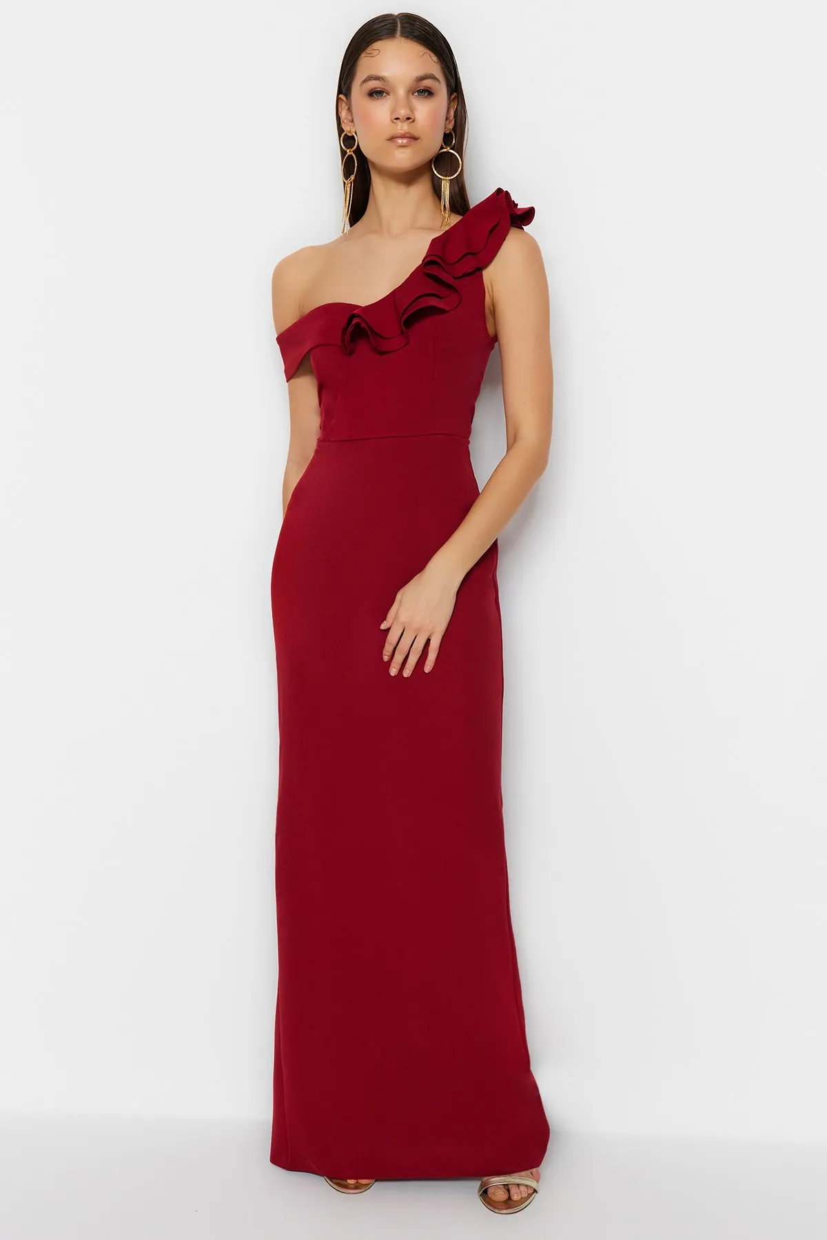 Trendyol Collection  Burgunderrotes langes Abendkleid mit Blumenmuster TPRSS23EL00208