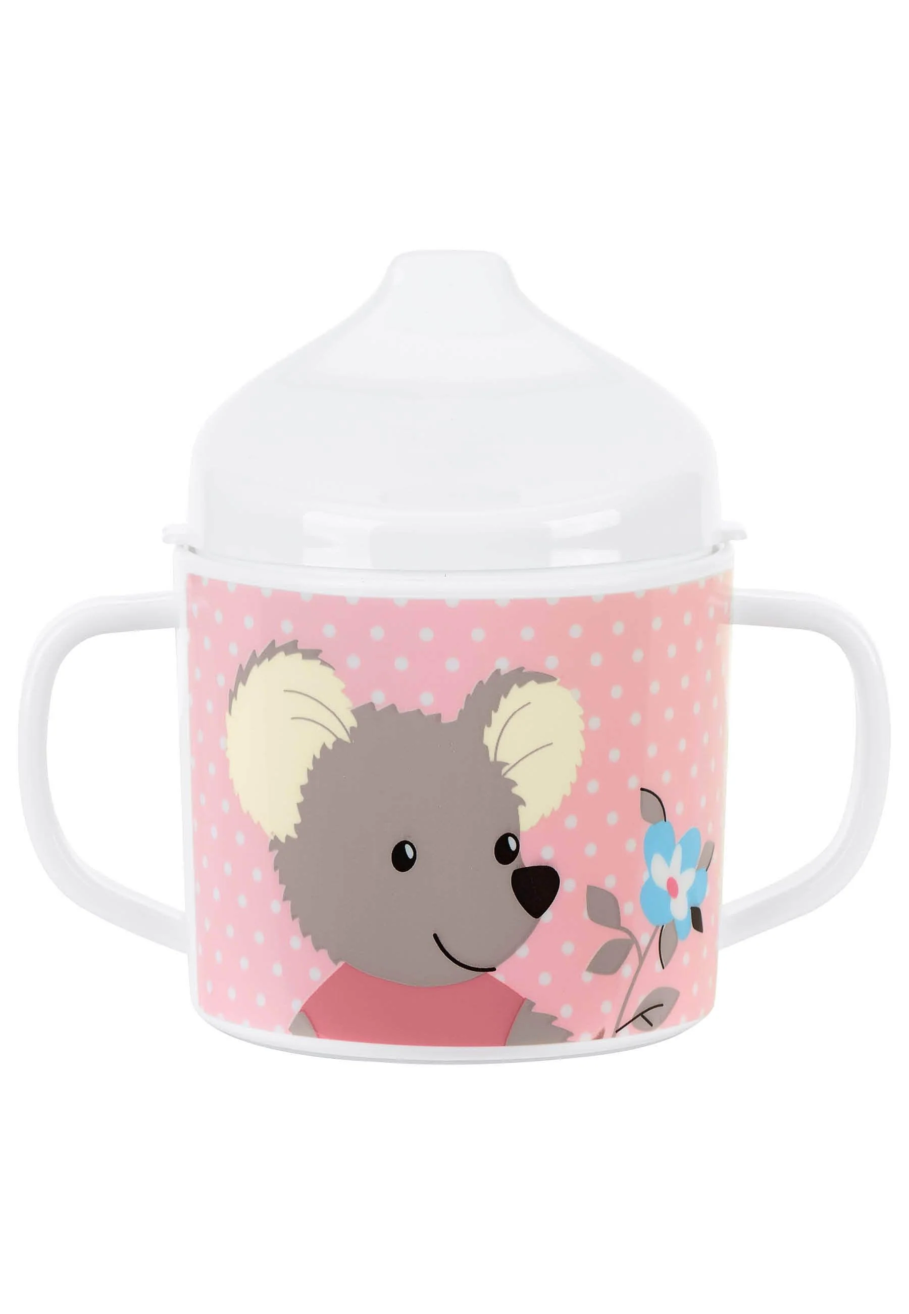 Henkeltasse Maus Mabel in Rosa mit Trinkaufsatz