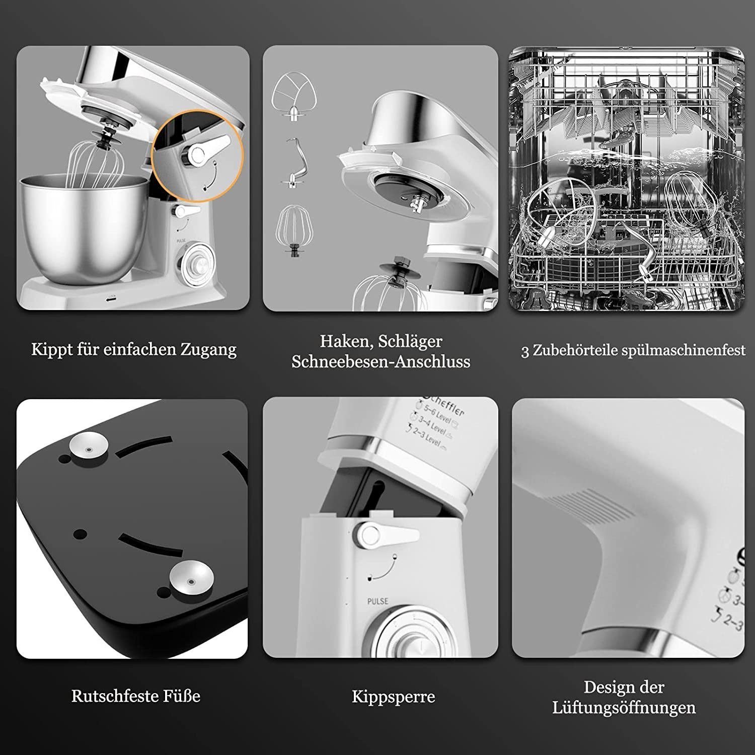 Scheffler Küchenmaschine 6 Geschwindigkeiten, 2000,00 W, 5,00 l Schüssel, inklusive Knethaken, Flachrührer, Schneebesen