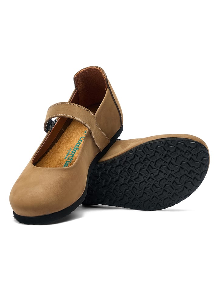 Comfortfusse Leder-Spangenballerinas in Beige günstig kaufen