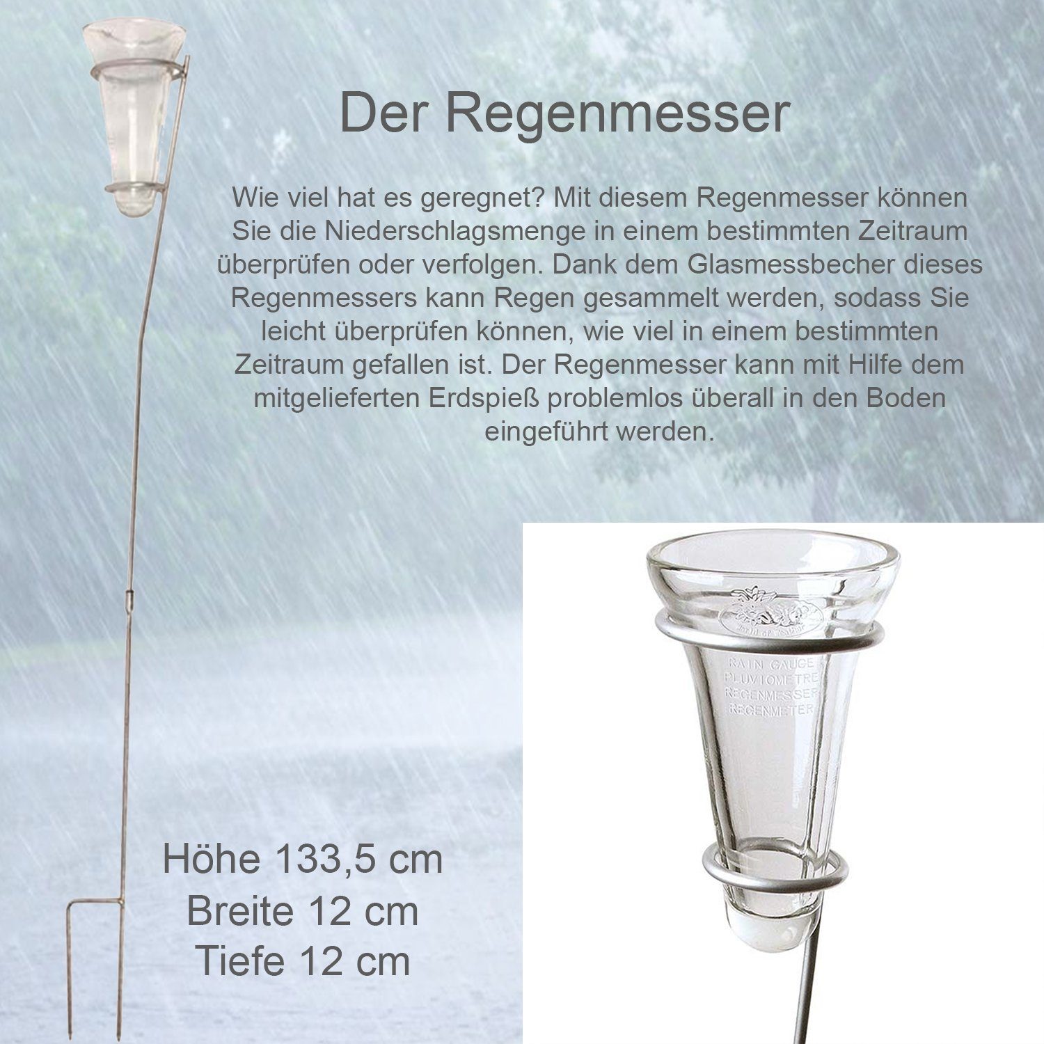 Esschert Design BV Regenmesser mit Bodenstecker, Zink, LxBxH 12 x 12 x 133,5 cm Regenmesser (verzinkter Bodenmesser)