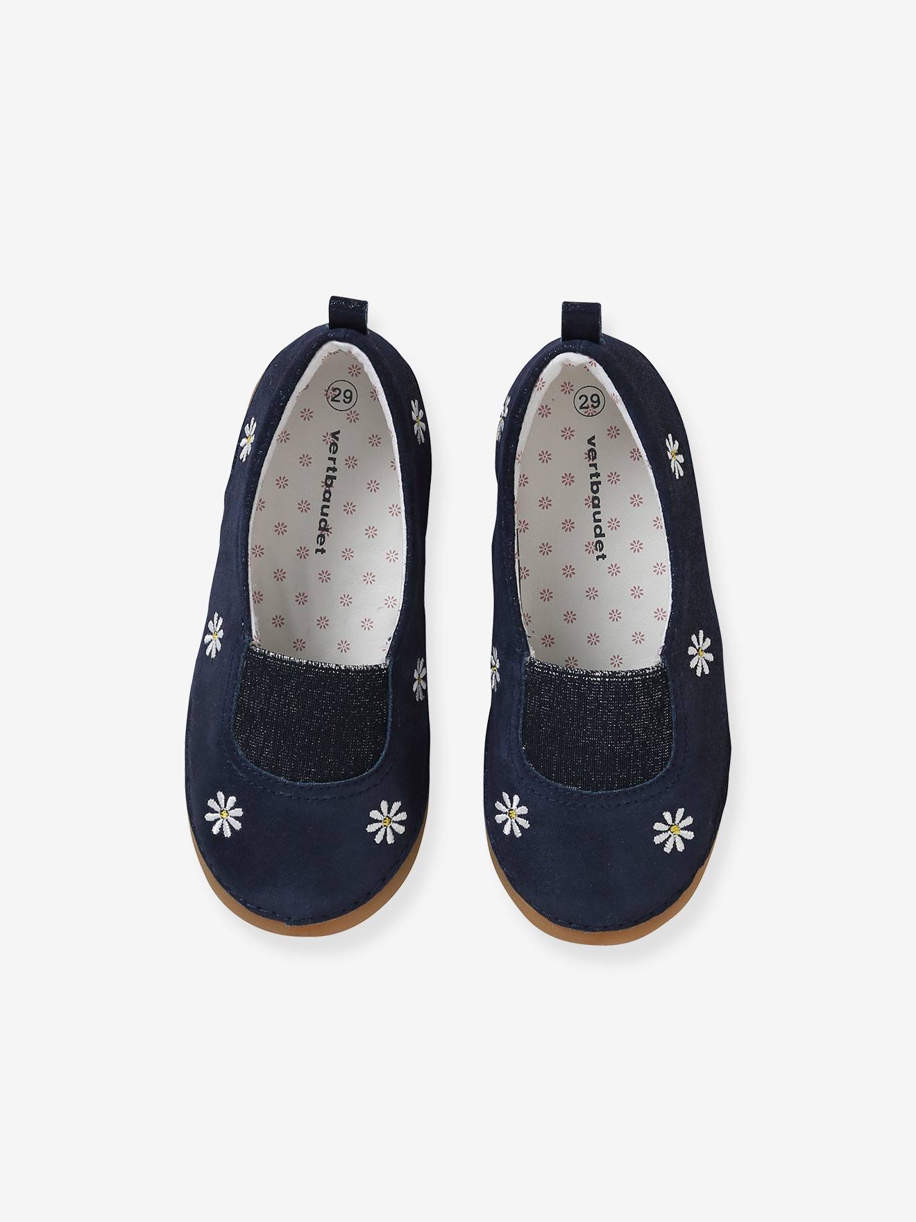 Chaussons élastiqués fille en cuir souple marine