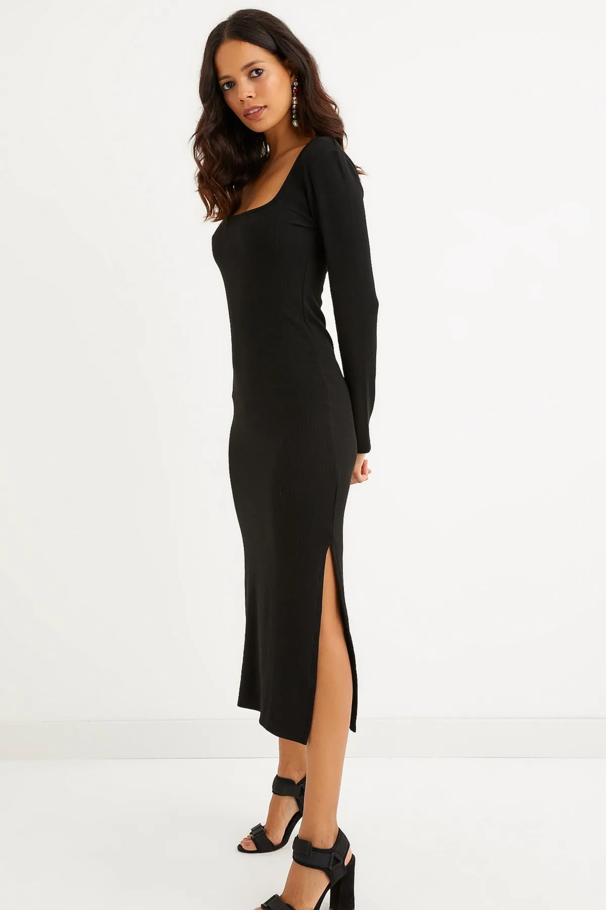 Cool & Sexy  Schwarzes Midikleid mit quadratischem Kragen und doppeltem Schlitz für Damen Yİ2360