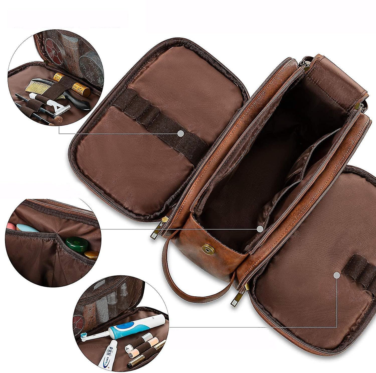 ZanMax Kosmetiktasche Herren-Reise-Kulturbeutel aus wasserdichtem Leder, groß, Braun (1-tlg)