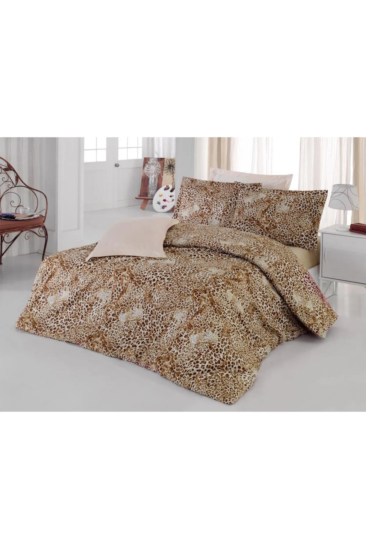 Çeyiz Diyarı  Doppelbettbezug-Set aus Baumwollsatin mit Leopardenmuster, Braun