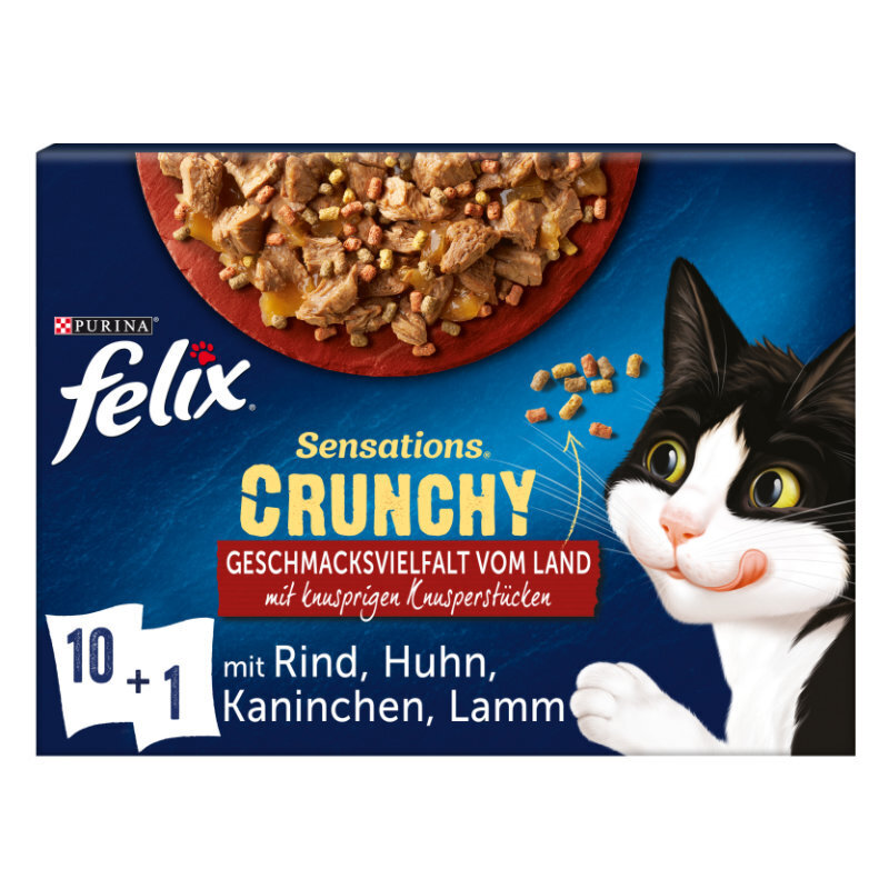 Felix Nassfutter Felix Sensations Crunchy 10x85g + 40g Knusperstückchen Geschmacksvielfalt vom Land
