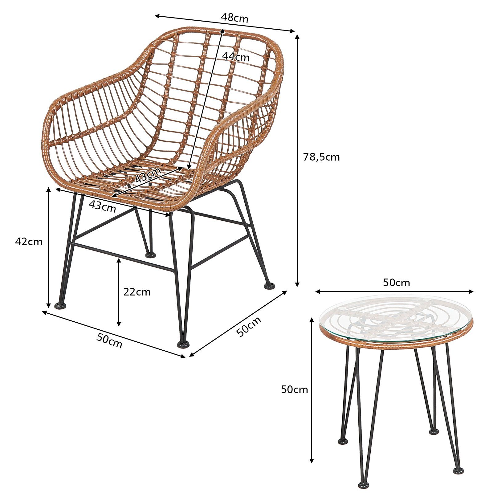 COSTWAY Balkonset, 3-tlg, Rattan, 2 personen, mit Sitzkissen, 180kg
