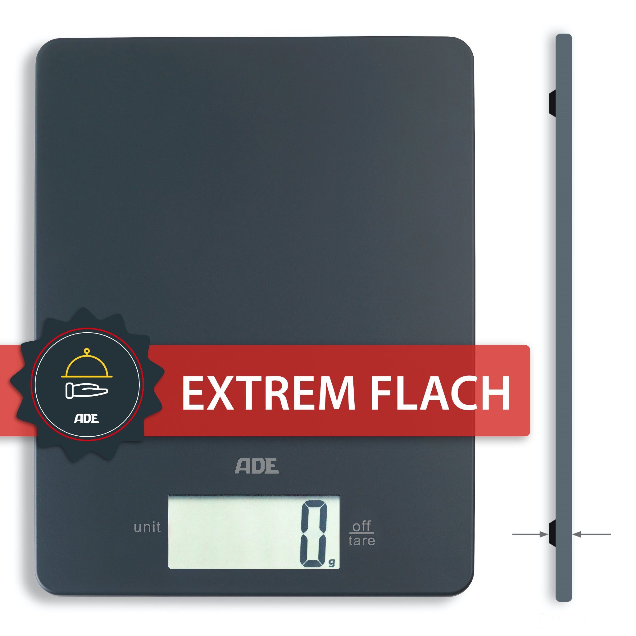 ADE Küchenwaage extrem flache Waage, nur 9mm hoch, platzsparend verstaubar, besonders präzise bis 5 kg
