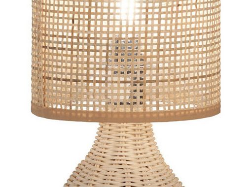 meineWunschleuchte LED Nachttischlampe, LED wechselbar, Warmweiß, Holzfuß & Designer Lampenschirm Korb-Geflecht Landhaus-Stil, Höhe 31cm