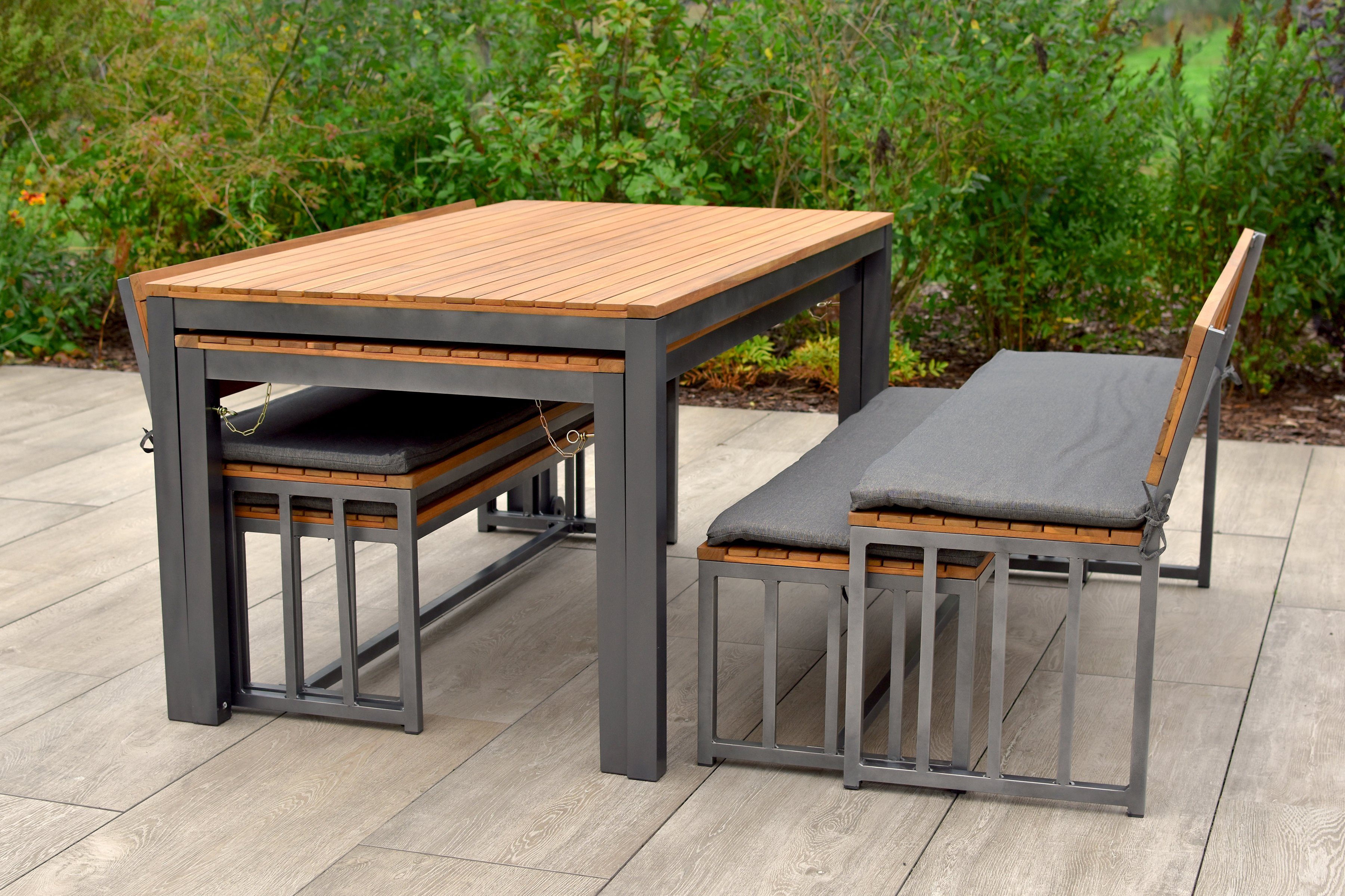 MERXX Garten-Essgruppe Milos, (Set, 10-tlg), 4 Sitzbänke, inkl. Sitzkissen, 2 Tische