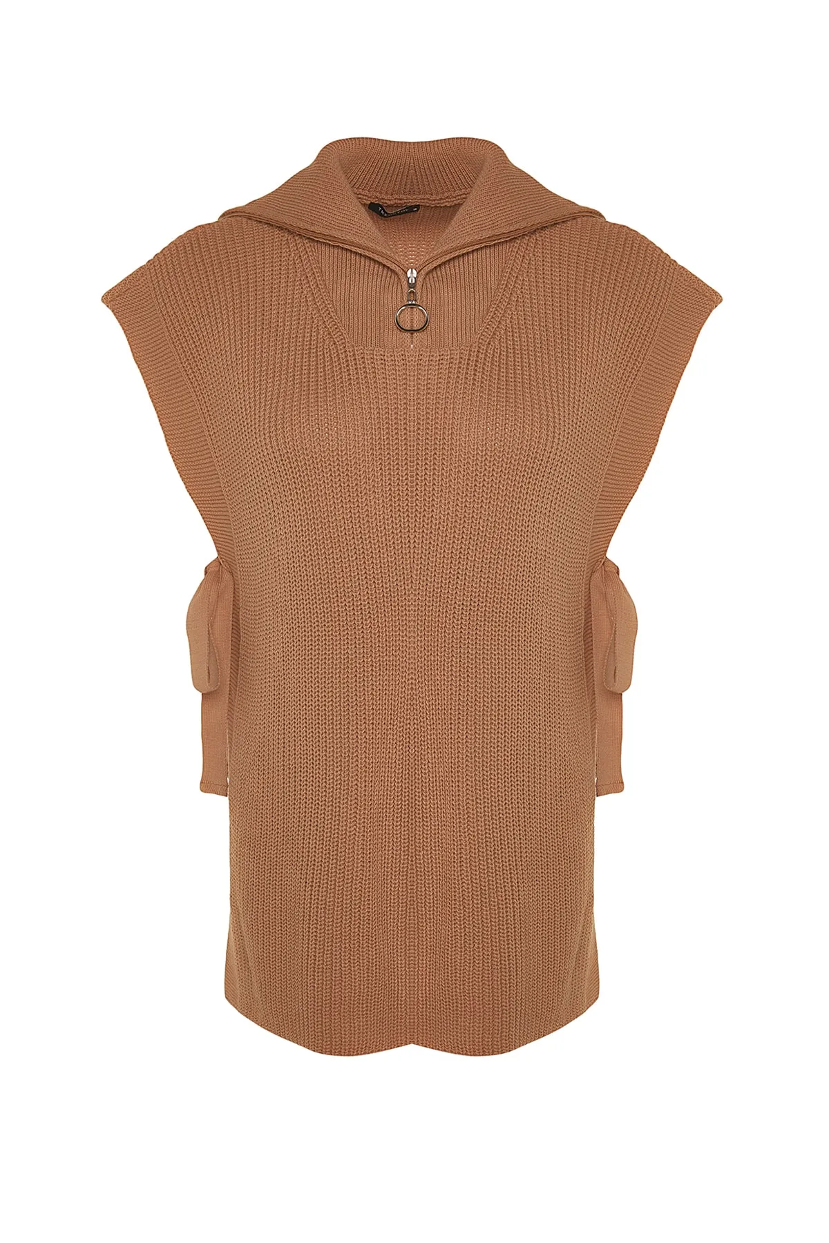 Trendyol Modest  Nerzfarbener Strickpullover mit Reißverschlusskragen und seitlichem Bindedetail TCTAW22UV0009
