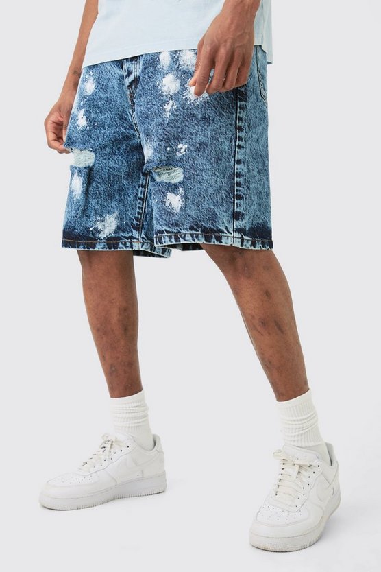 Tall lockere Shorts mit Indigo-Waschung und Farbspritzern