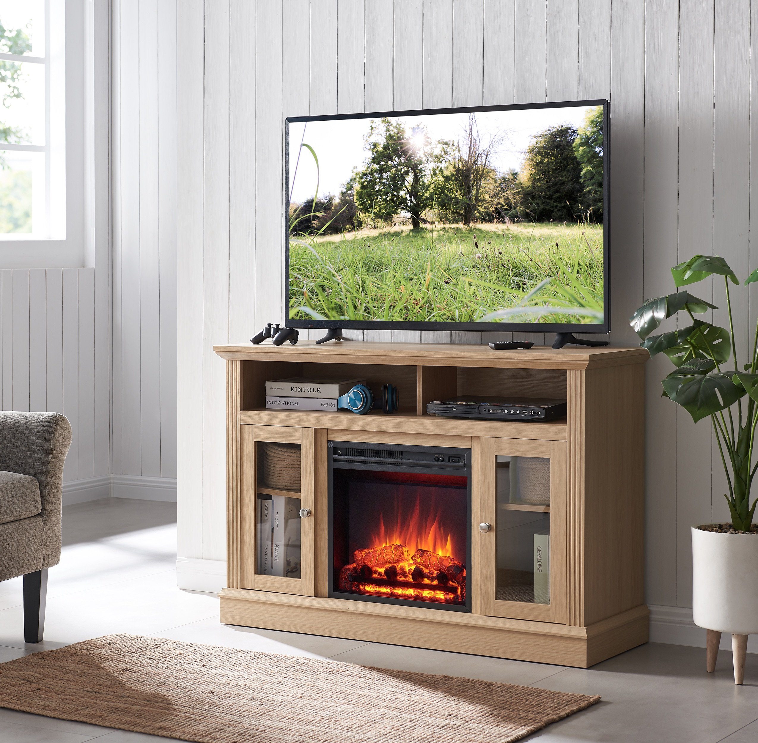 Balderia Elektrokamin James, Standkamin mit Heizung 2000W, 3D-Flammeneffekt, LED-Beleuchtung, Fernbedienung, Timer, Thermostat