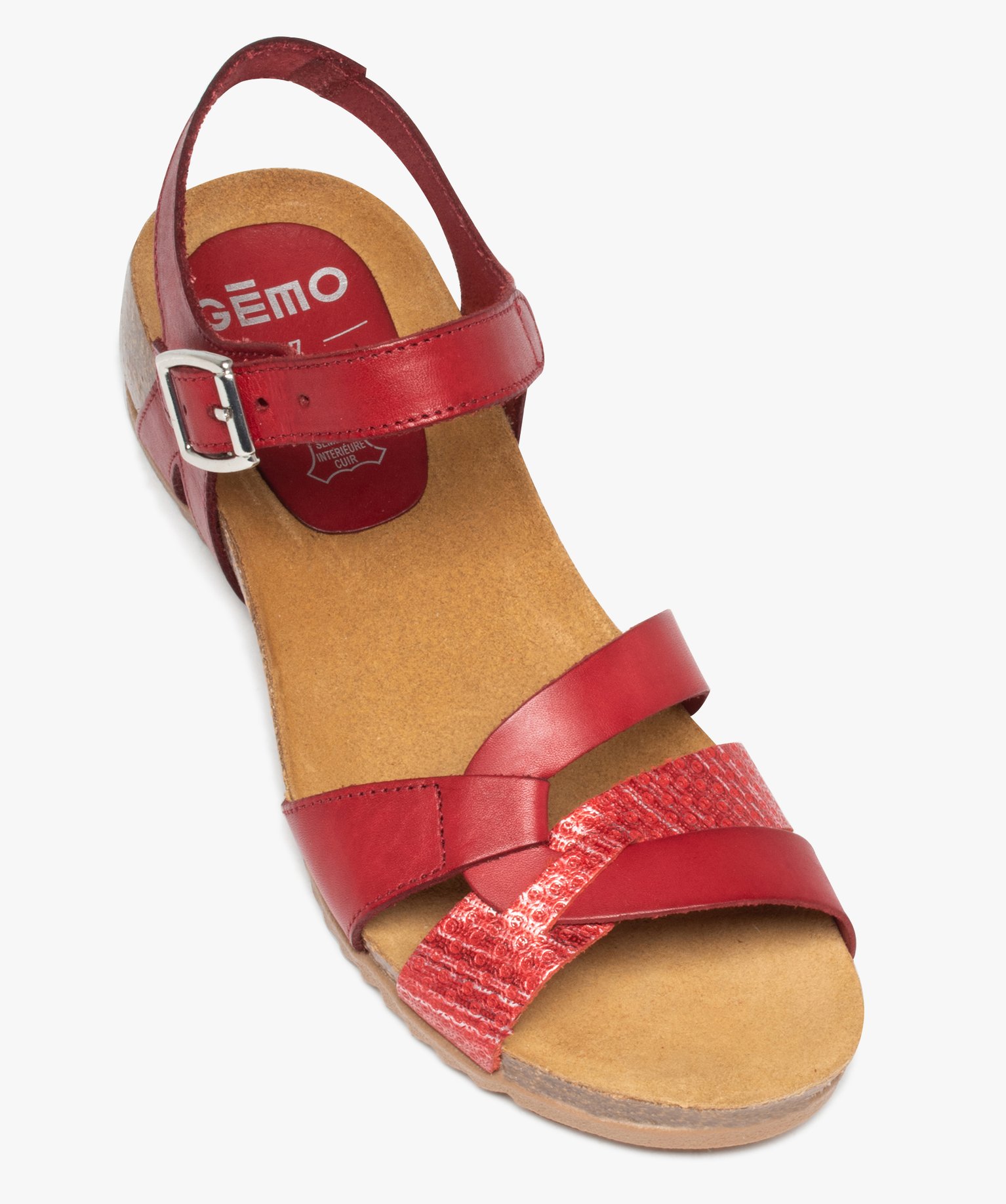 Sandales femme unies et compensées à bride fantaisie en cuir rouge | GEMO