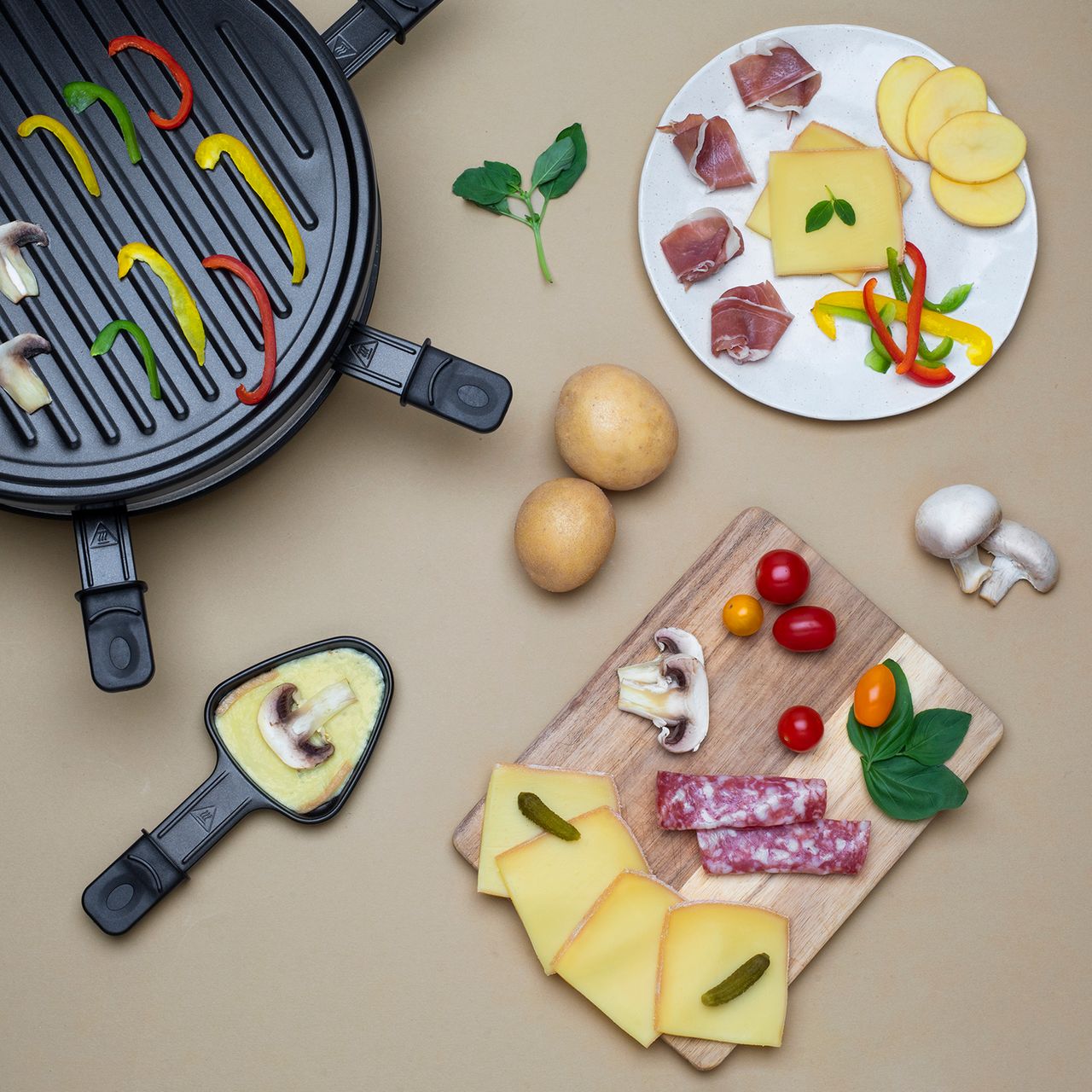 Weasy Wëasy Raclette Gerät und Grill LUGA40, 6 Personen, Antihaftbeschictung, 900 W, rund Edelstahl, schwarz