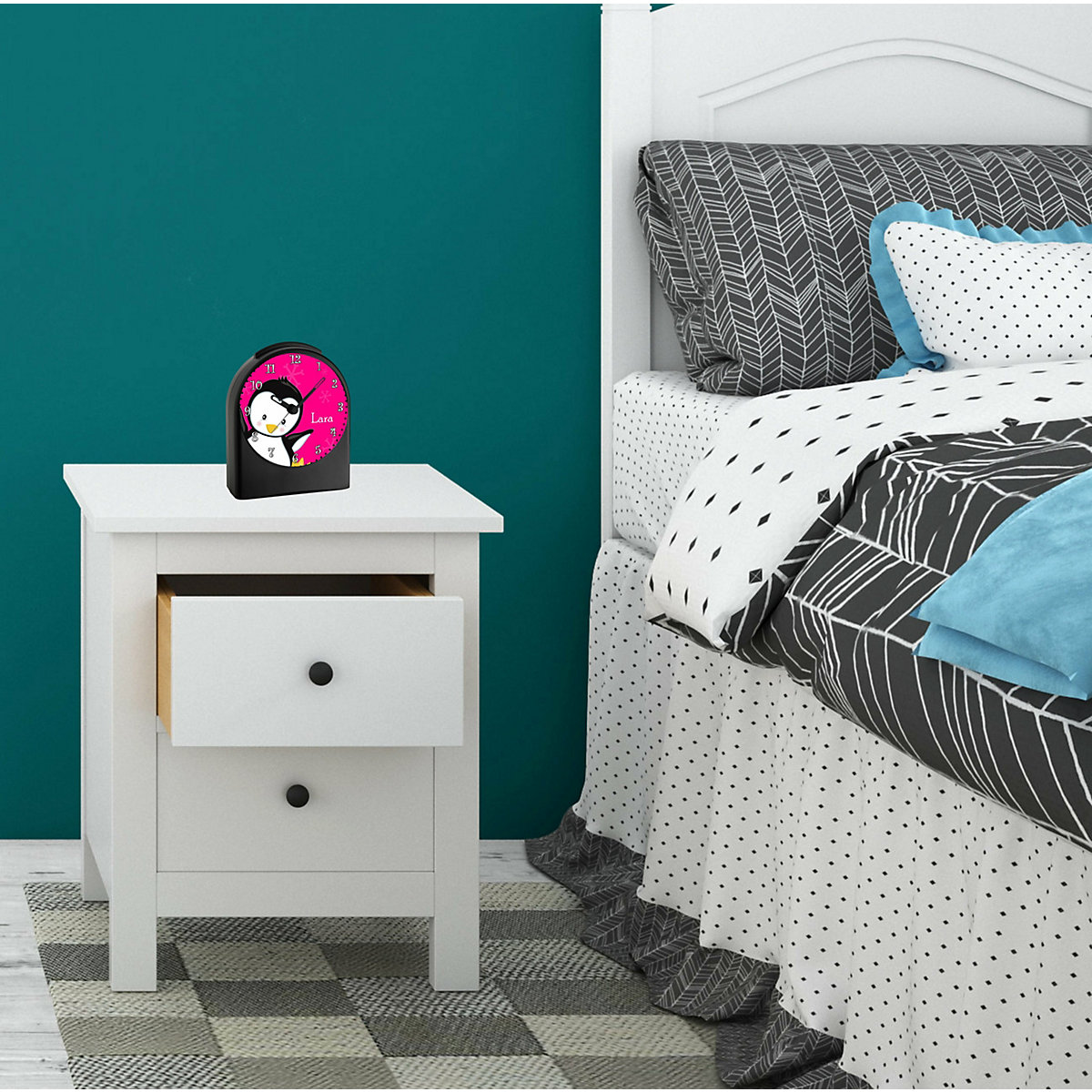 Kinder Funkwecker personalisiert mit Namen Pinguin Atom-/Funkuhr, 12-Stunden-Anzeigeformat, Schlummerfunktion, Nachtlicht, Geräuschlos/Ohne Ticken