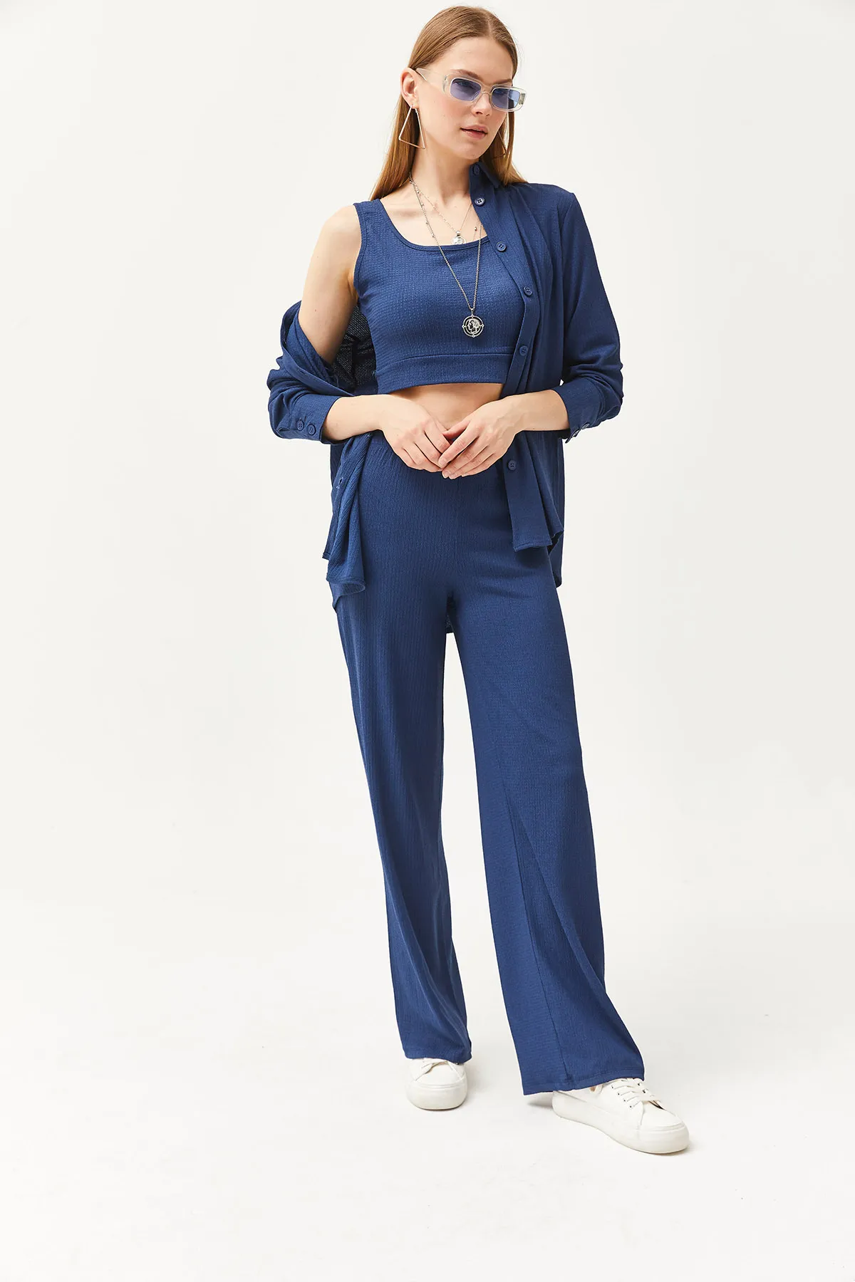 Olalook  Damen Indigo Hemdbluse Hose 3-teiliges Set TKM-19000270