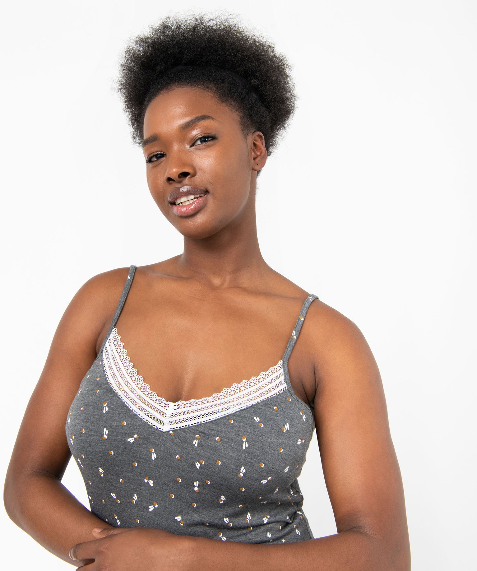 Nuisette femme extensible avec col V dentelle et fines brete... imprime | GEMO