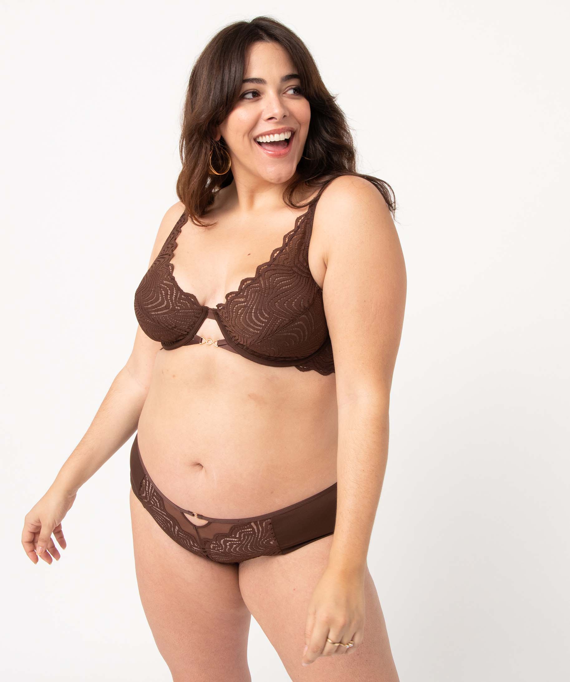 Shorty femme grande taille en dentelle, tulle et microfibre marron | GEMO