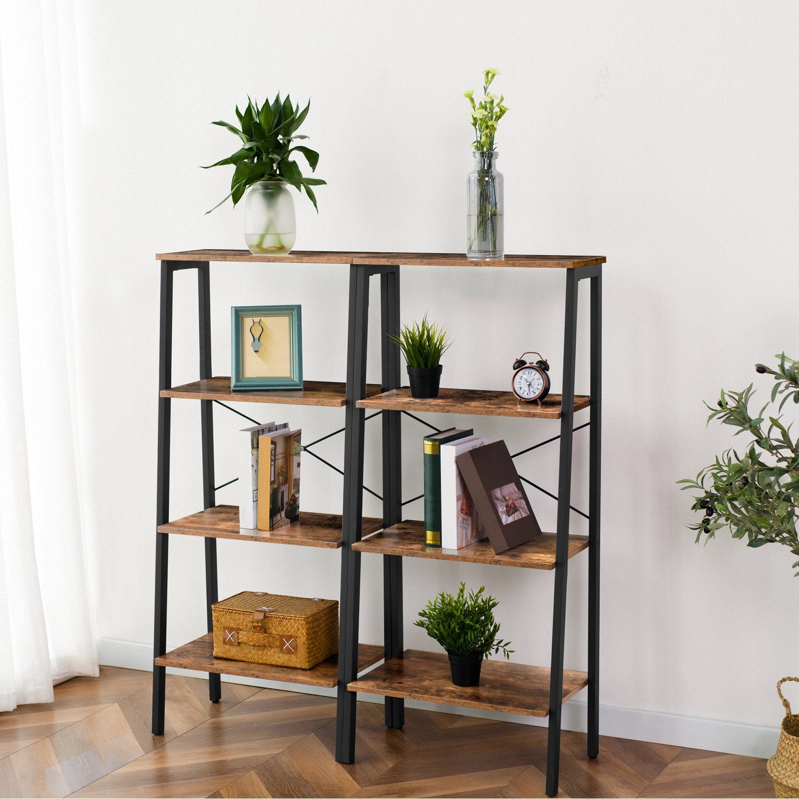 BERLINLODGE® Bücherregal Bronx, Leiterregal Standregal vintage-braun industry-style, für Wohnzimmer, Büro, Schlafzimmer, Küche