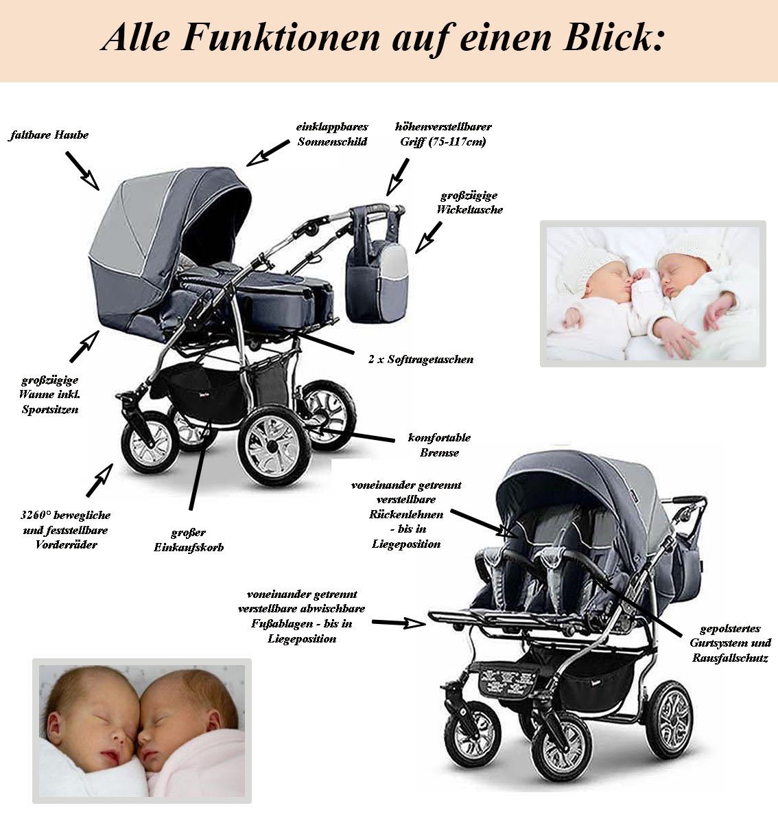 Elcar Zwillings-Kombikinderwagen Zwillingskinderwagen 2 in 1 Duet - 14 Teile - in 20 Farben