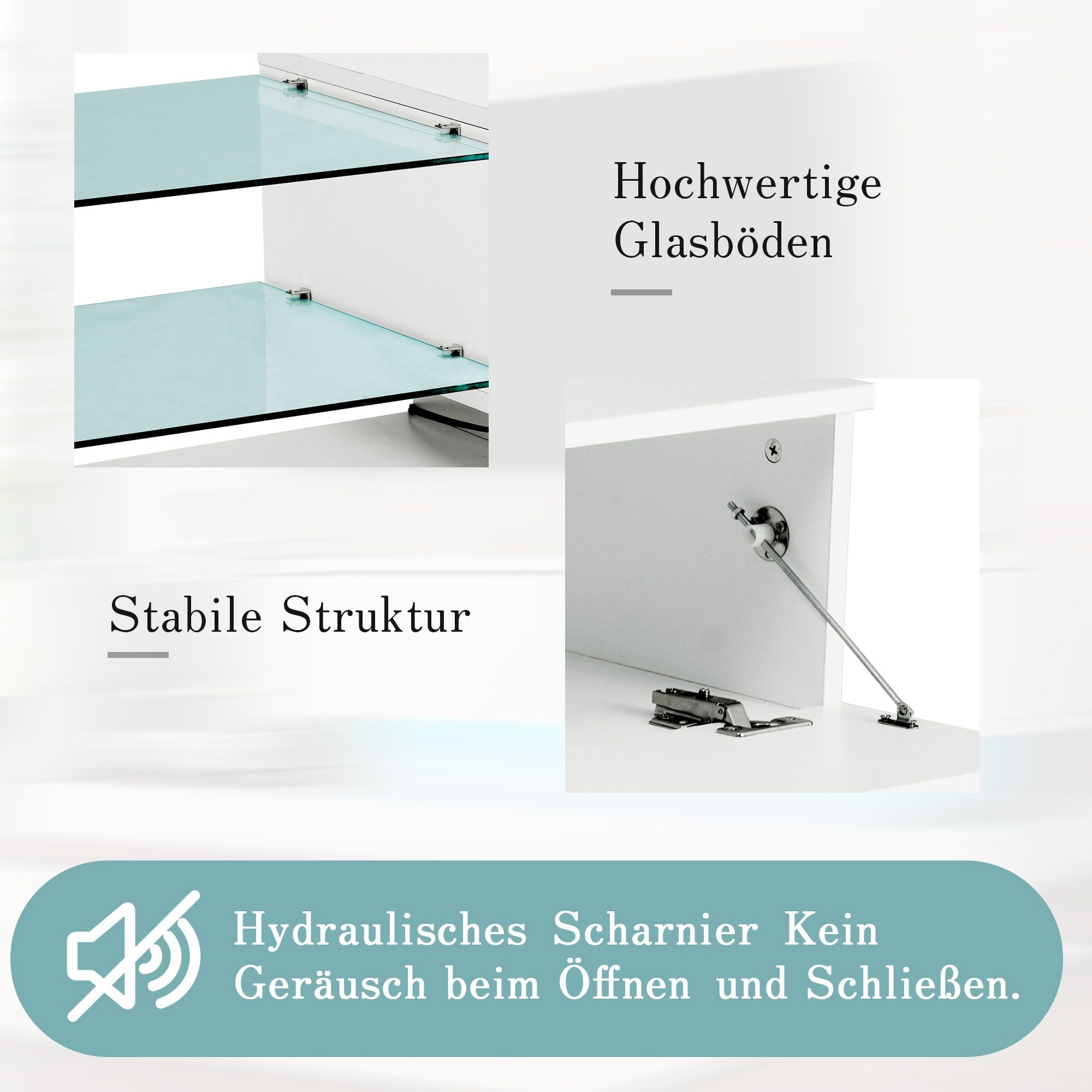 REDOM TV-Schrank TV-Schrank hochglanz mit Klapptüren (Breite:140cm) TV-Schrank, mit Glasablagen und LED-Beleuchtung