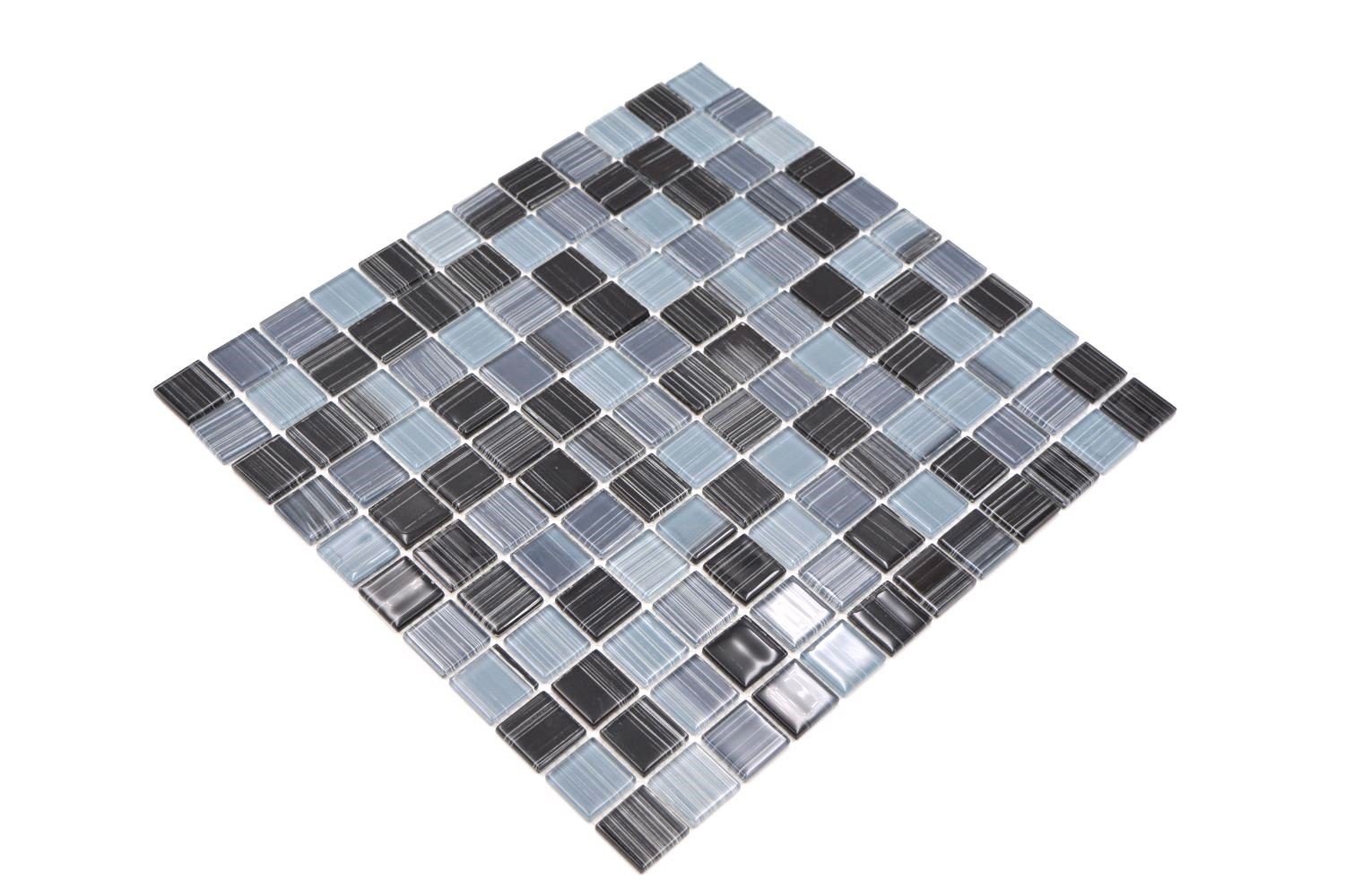 Mosani Mosaikfliesen Glasmosaik Crystal Mosaik strichschwarz weiß glänzend / 10 Matten